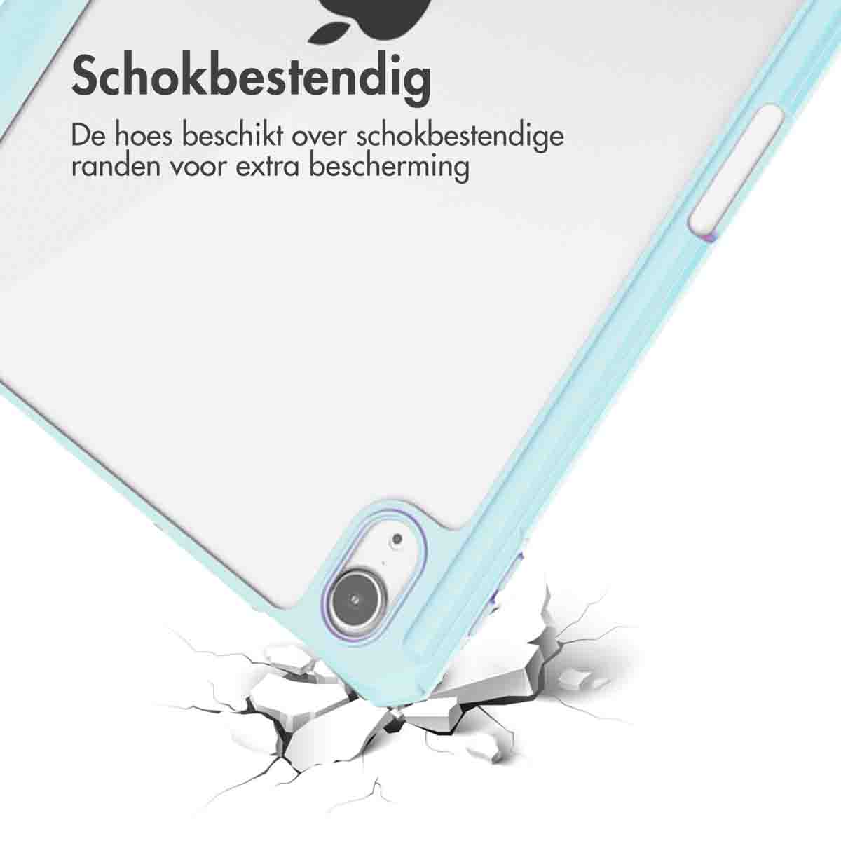 Close-up of a tablet case with text that says, Schokbestendig, and a broken screen.
