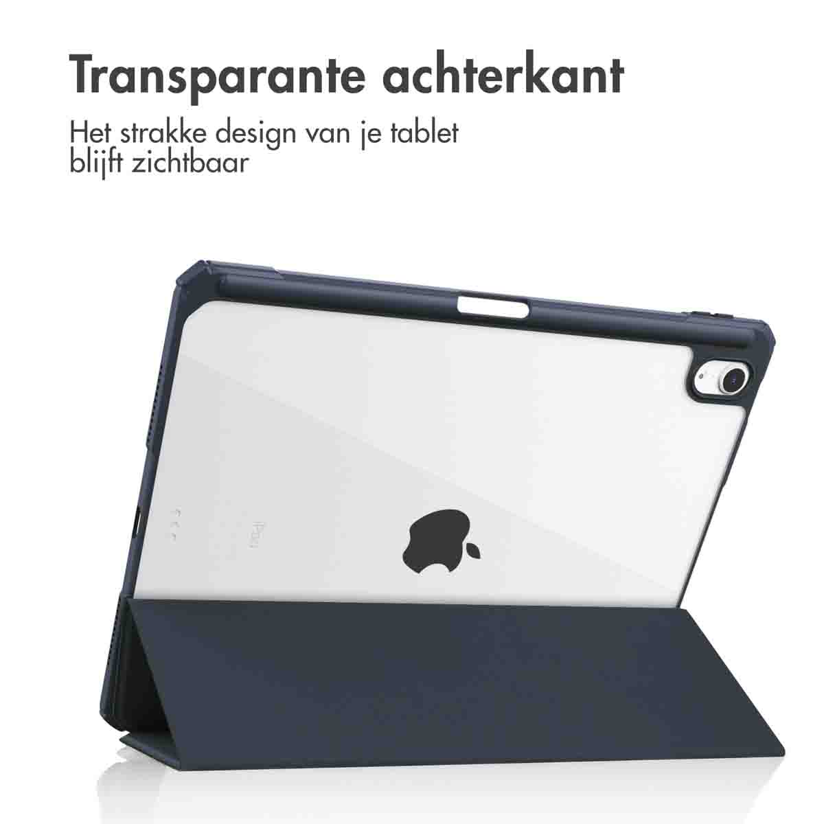 Clear tablet case with a dark frame, showcasing an Apple tablet. The case is open, revealing the tablet's back.