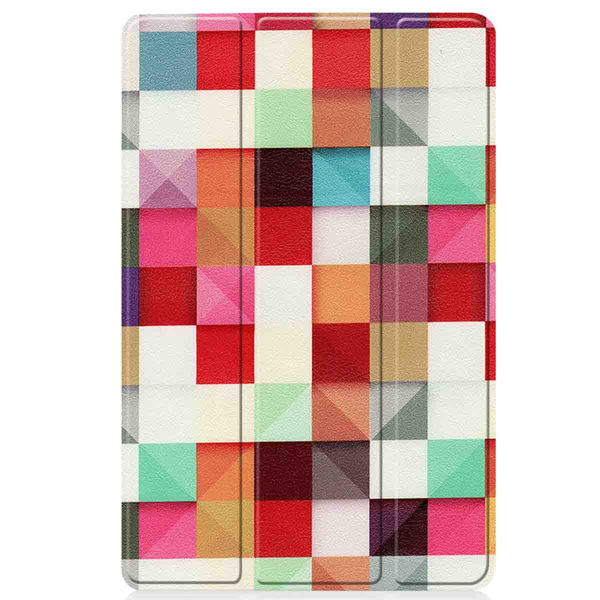 Tablethoes met een kleurrijk geometrisch patroon. Vierkanten in rood, roze, oranje, groen en blauw zijn zichtbaar.