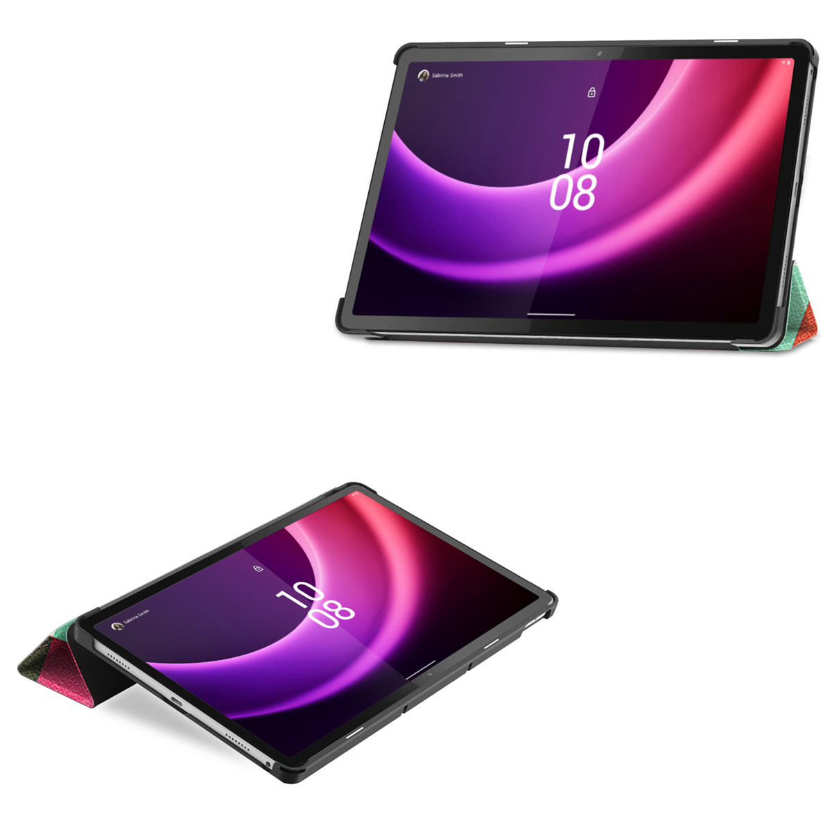 Twee tablets met hoezen. Eén is open met een digitaal scherm. De andere is gedeeltelijk gesloten.