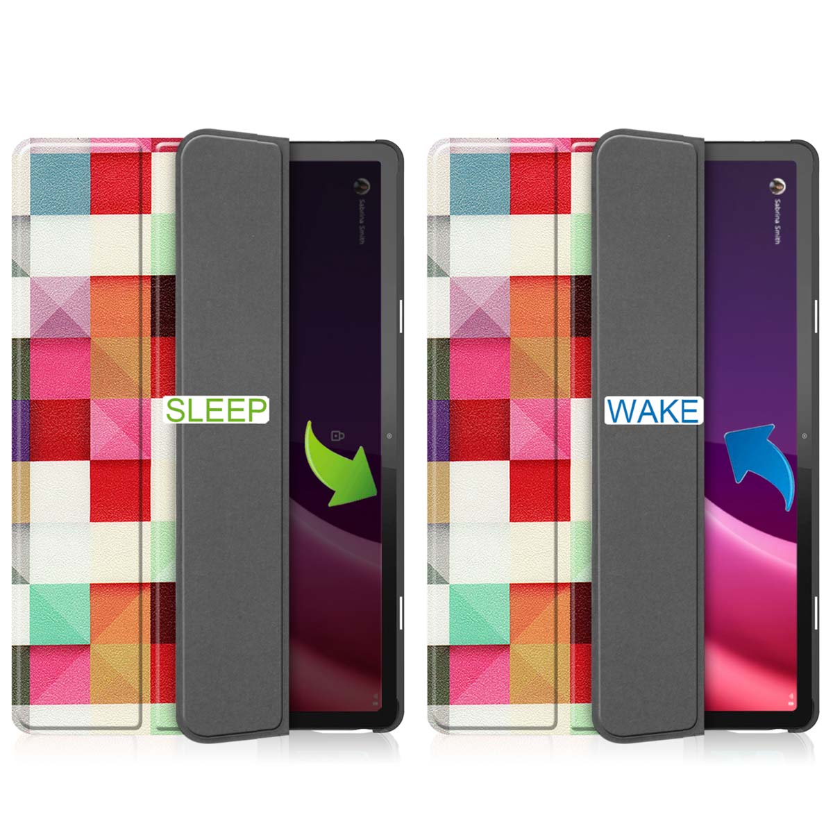 Tabletcase open en dicht. De open case toont het scherm aan, en de gesloten case heeft een cover.