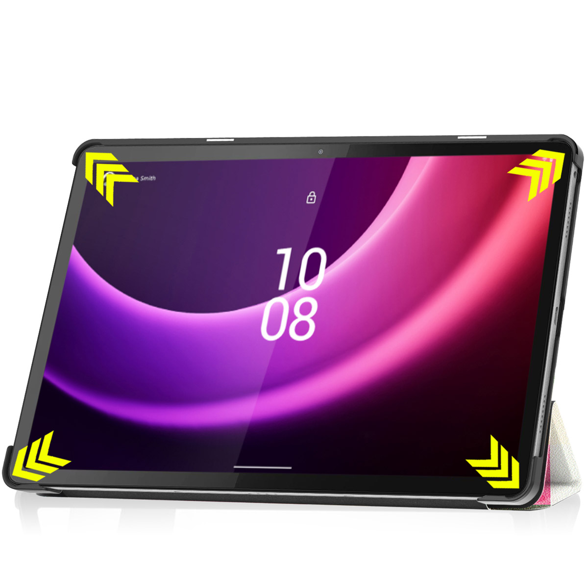 Een tablet in een zwarte hoes, met een roze en paarse abstracte achtergrond.