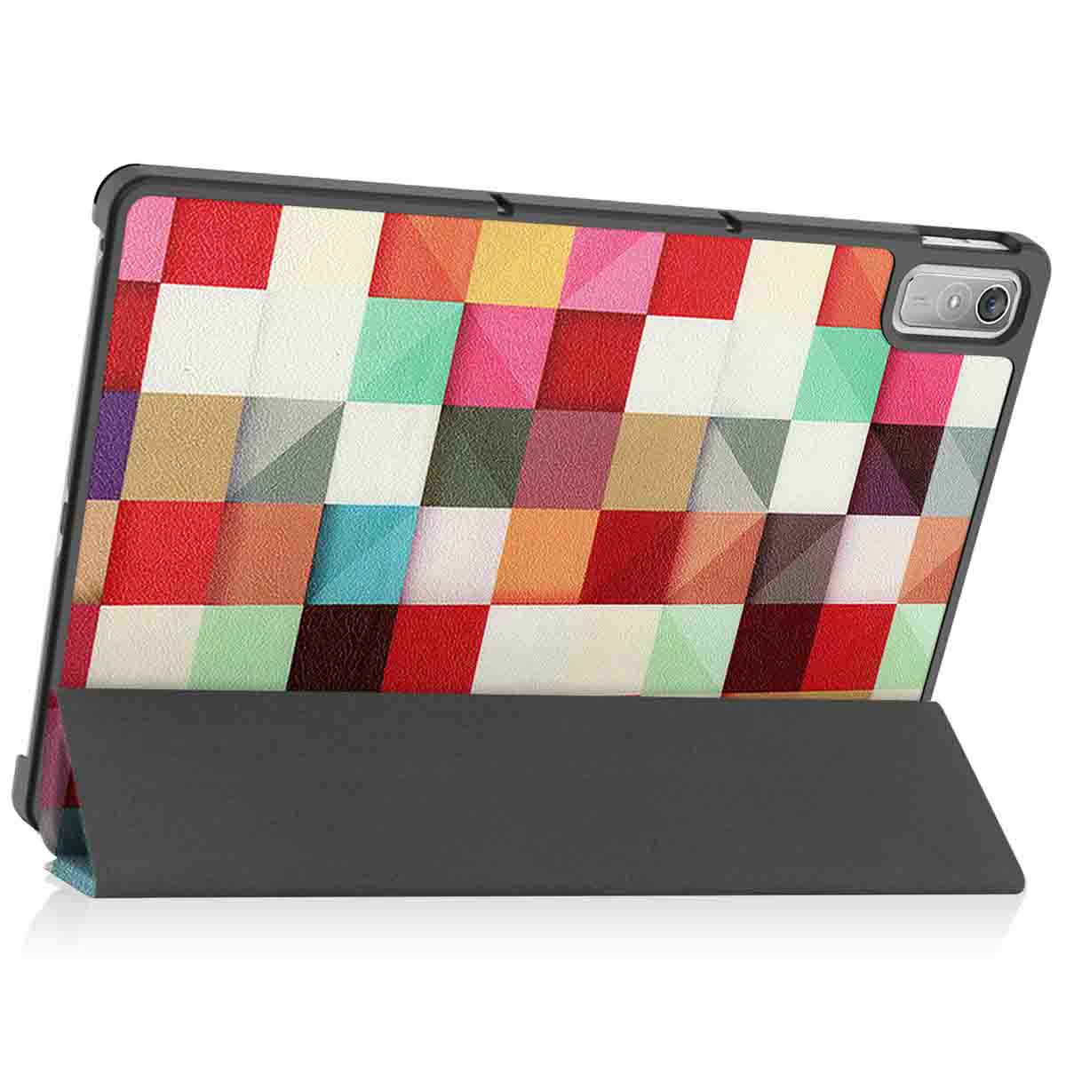 Een tablethoesje met een kleurrijk geometrisch patroon, open om de tablet weer te geven.
