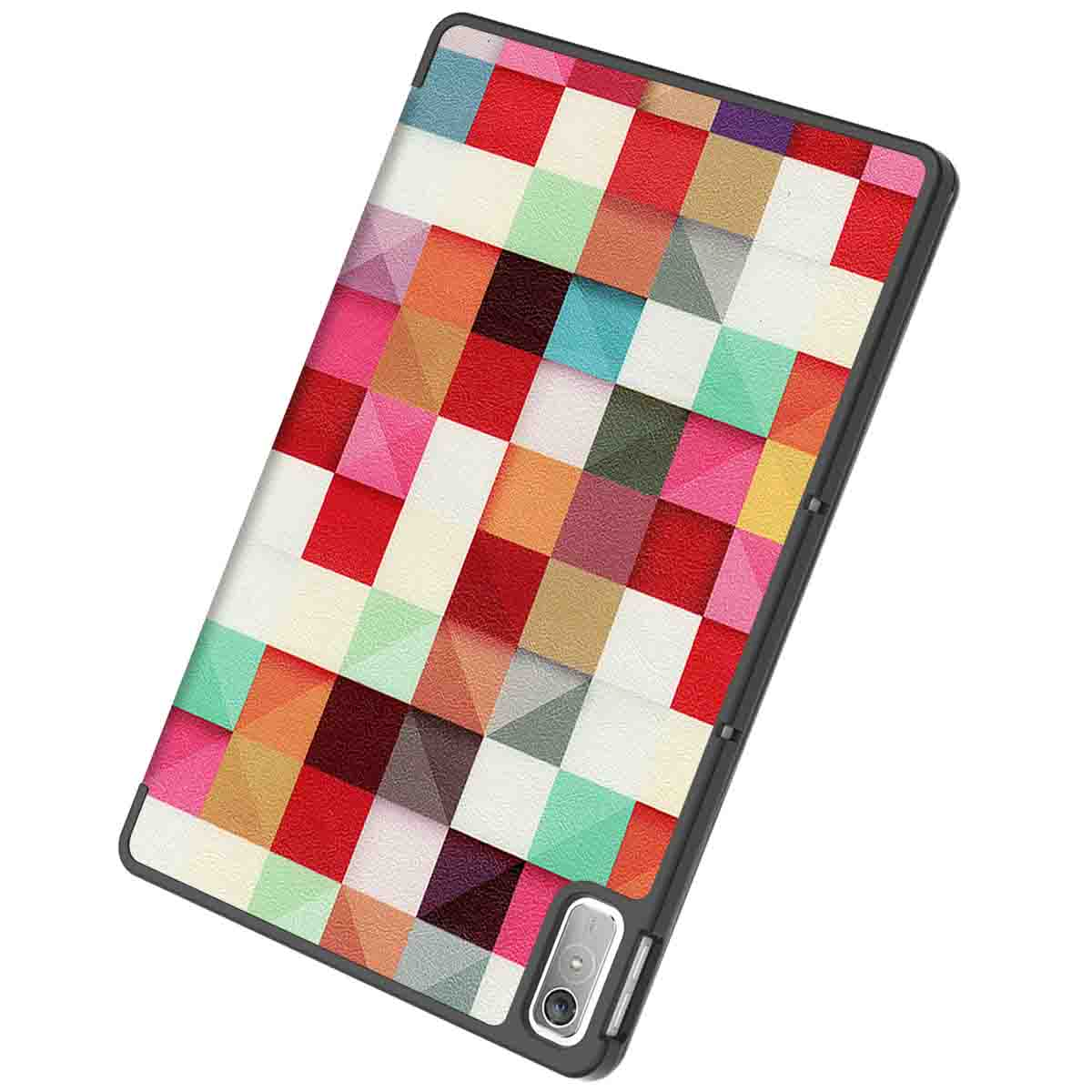 Tablet case met kleurrijk geometrisch patroon. Zwart frame.