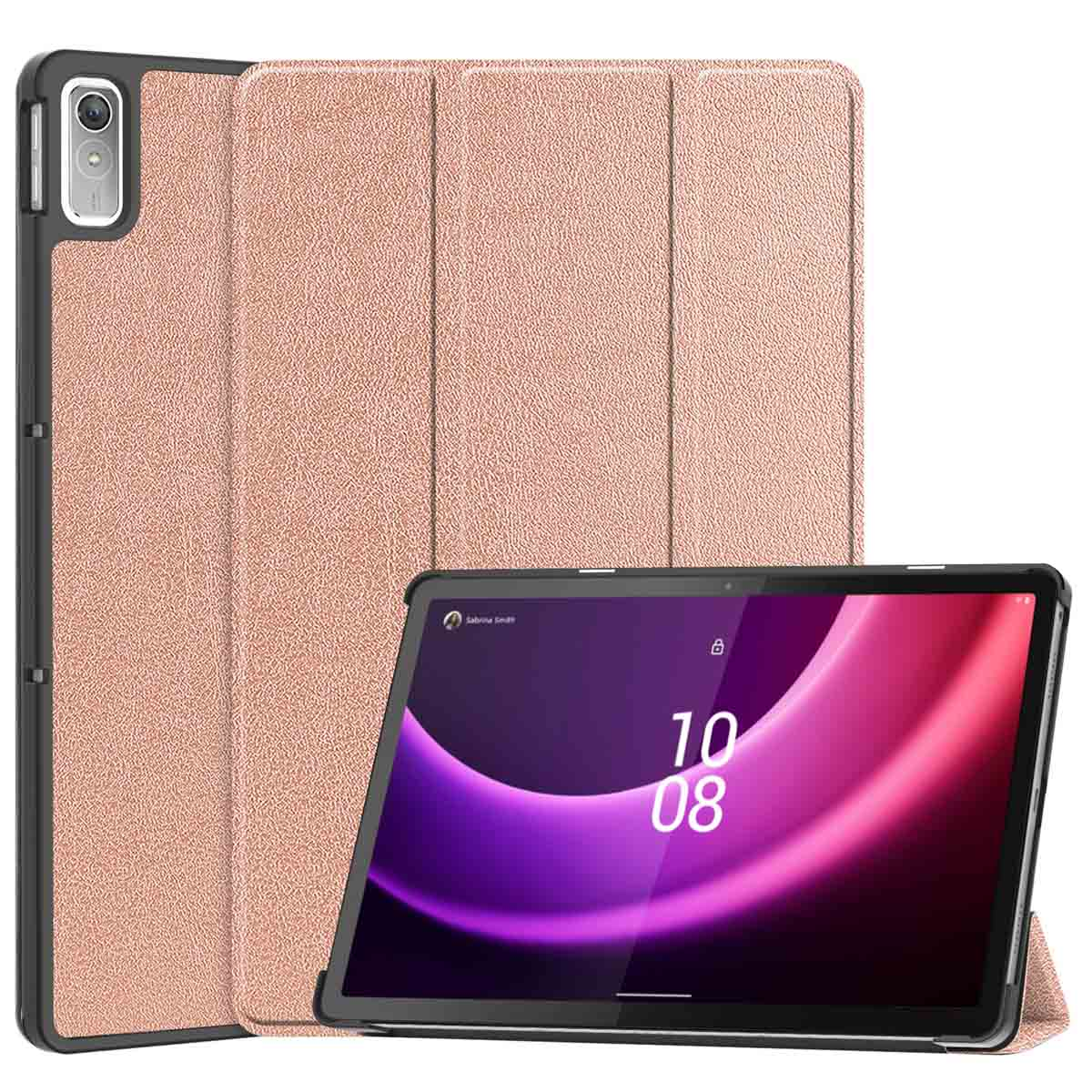 Tablet with a pink cover and a black frame, showing the screen with digital numbers.