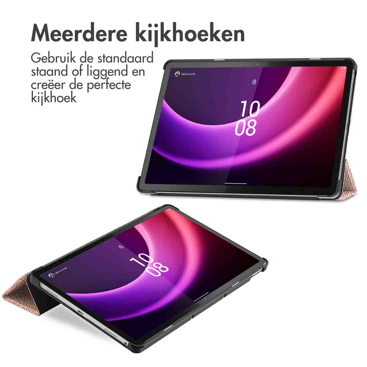 Two tablets, one open, the other closed. Both show screen with numbers. The cover is light brown.