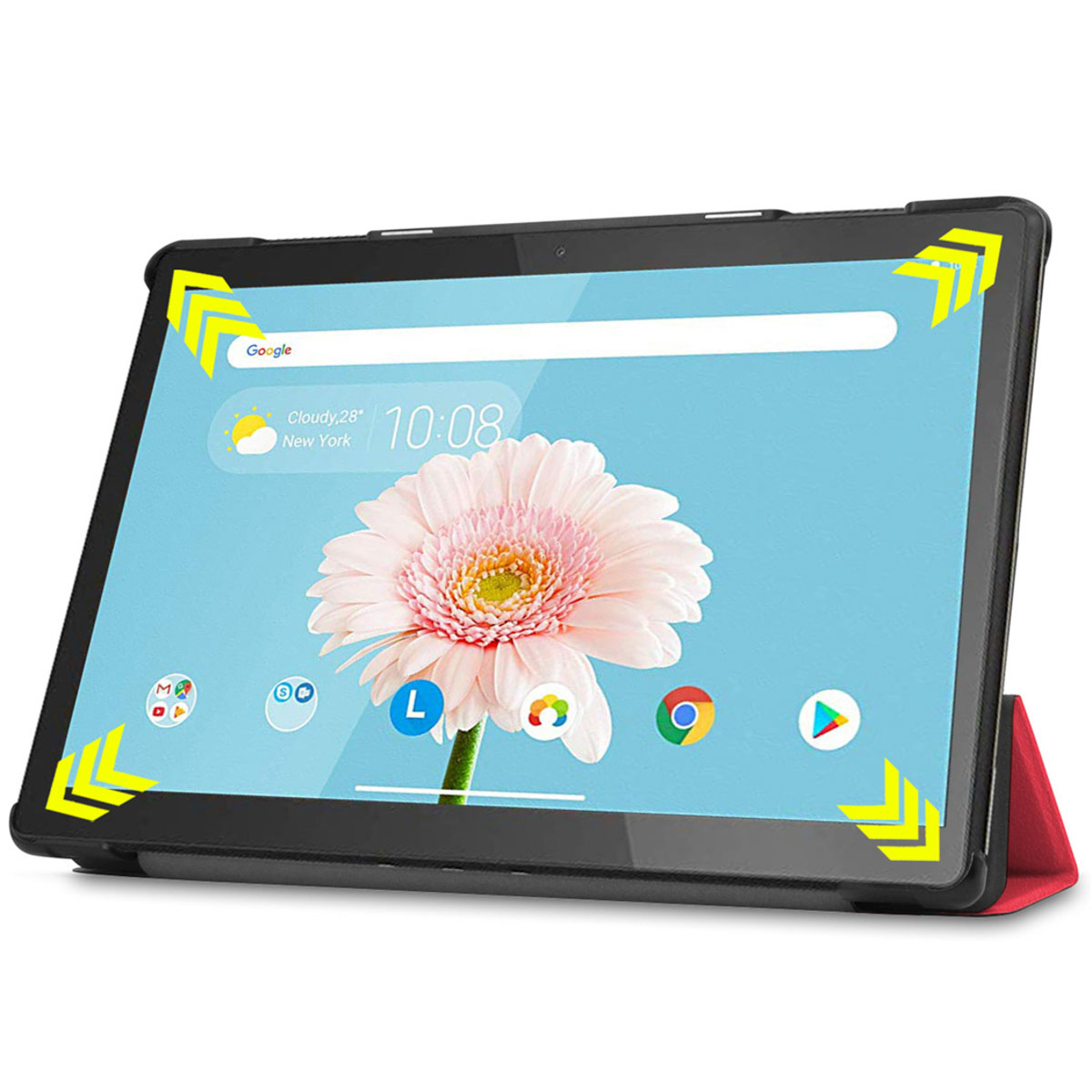 Tablet with light blue screen, flower image, and icons. Black case, red stand.