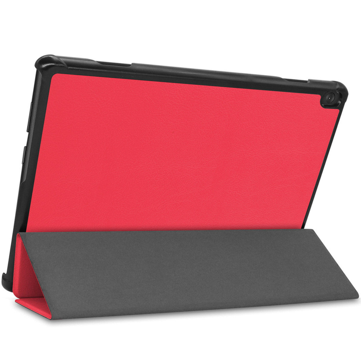 A tablet in a black case, showing a red screen with a stand.