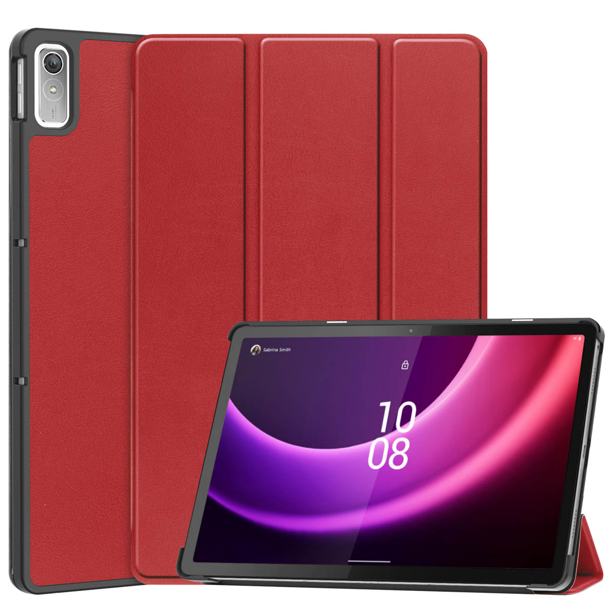 Tablet met rode hoes, met een scherm met een paarse en rode gradiënt.