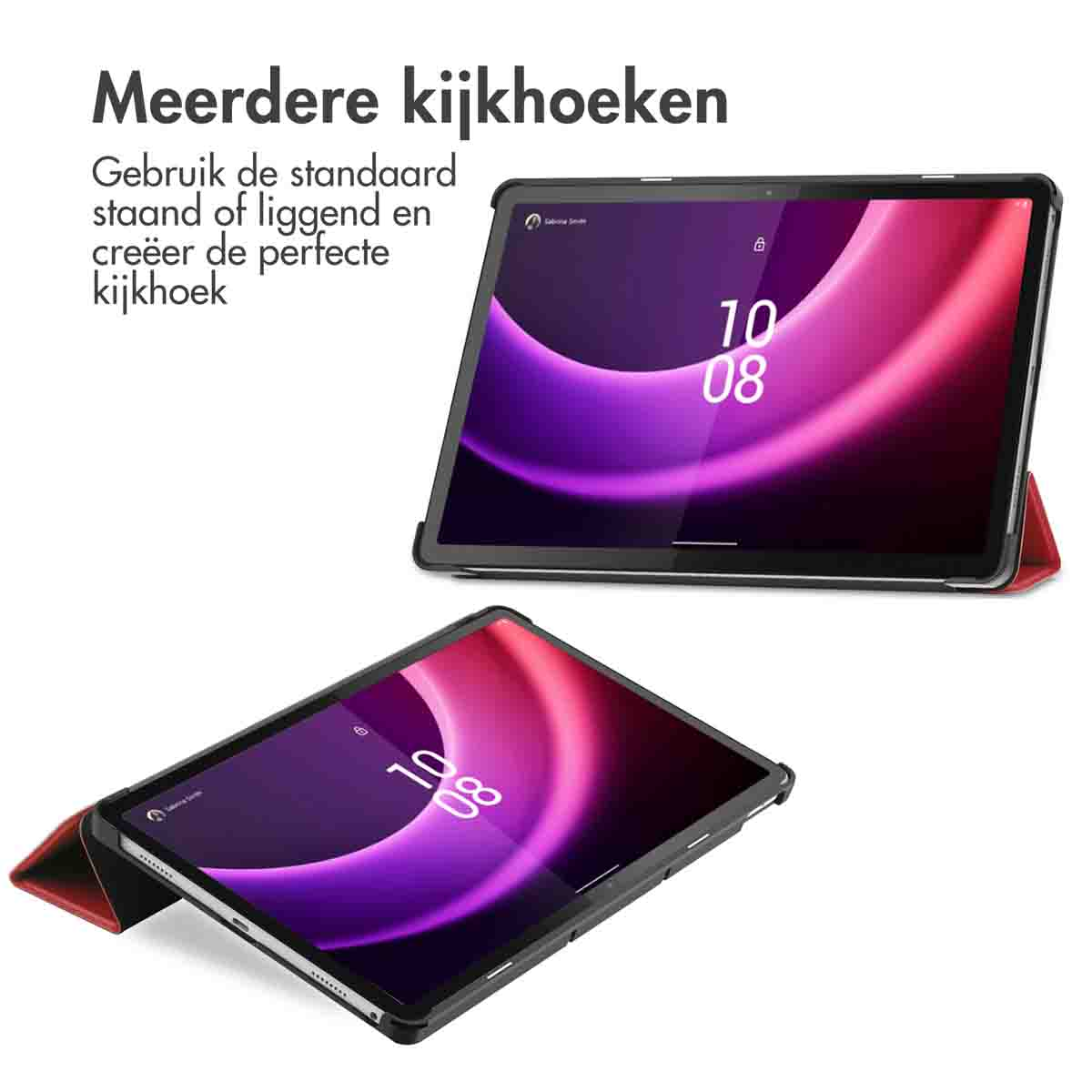 Twee tablets met zwarte hoesjes, die een paars scherm met tijd details tonen.
