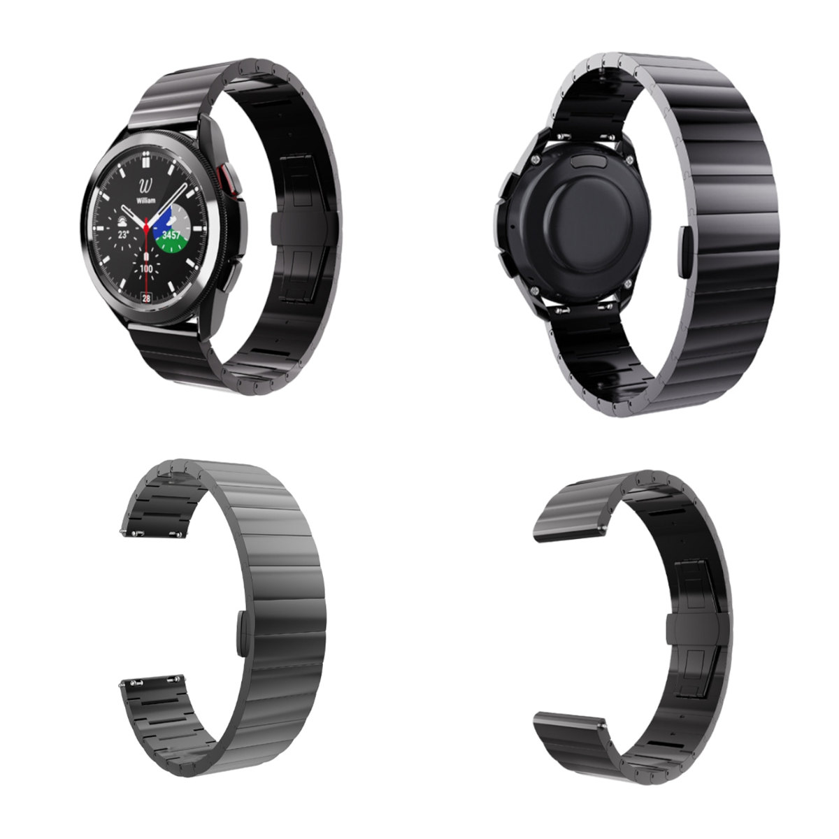 Vier Ansichten einer schwarzen Edelstahluhr und eines Uhrenarmbands.