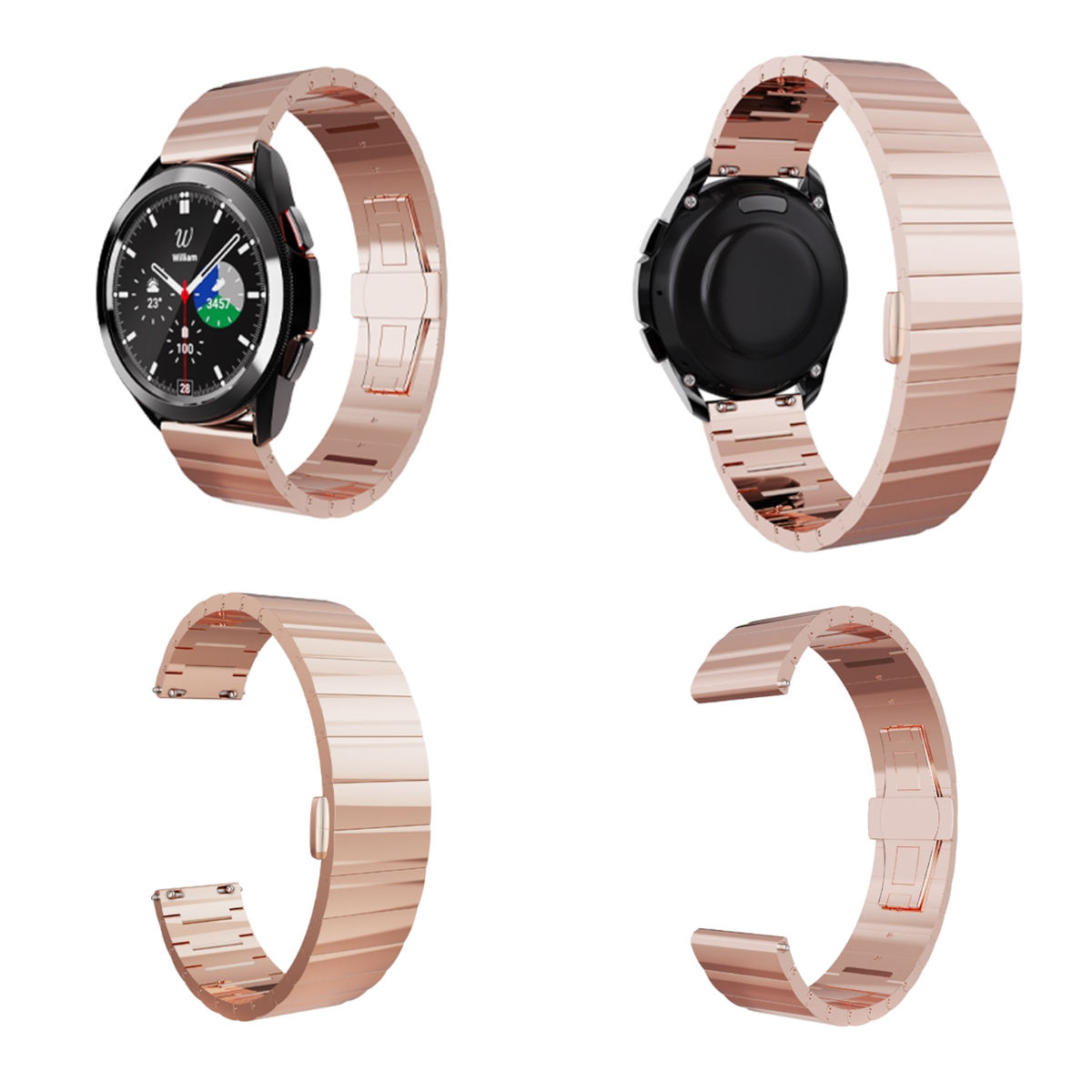 Roségoldene Uhr und Armband, mit Ziffernblatt, Rückseite und Armbandteilen auf Weiß.