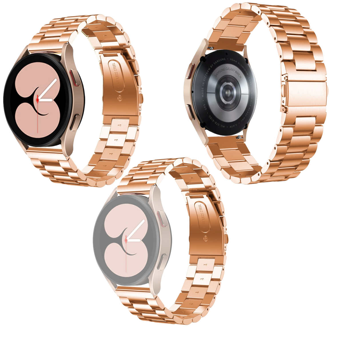 Drei roségoldene Uhrenarmbänder, eines an einer Uhr befestigt, andere separat.