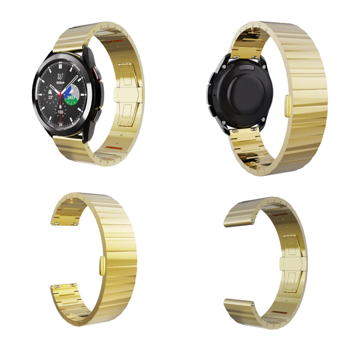 Vier goldene Uhrenarmbänder. Zwei sind an einer schwarzen Uhr befestigt, zwei sind separat. Weißer Hintergrund.