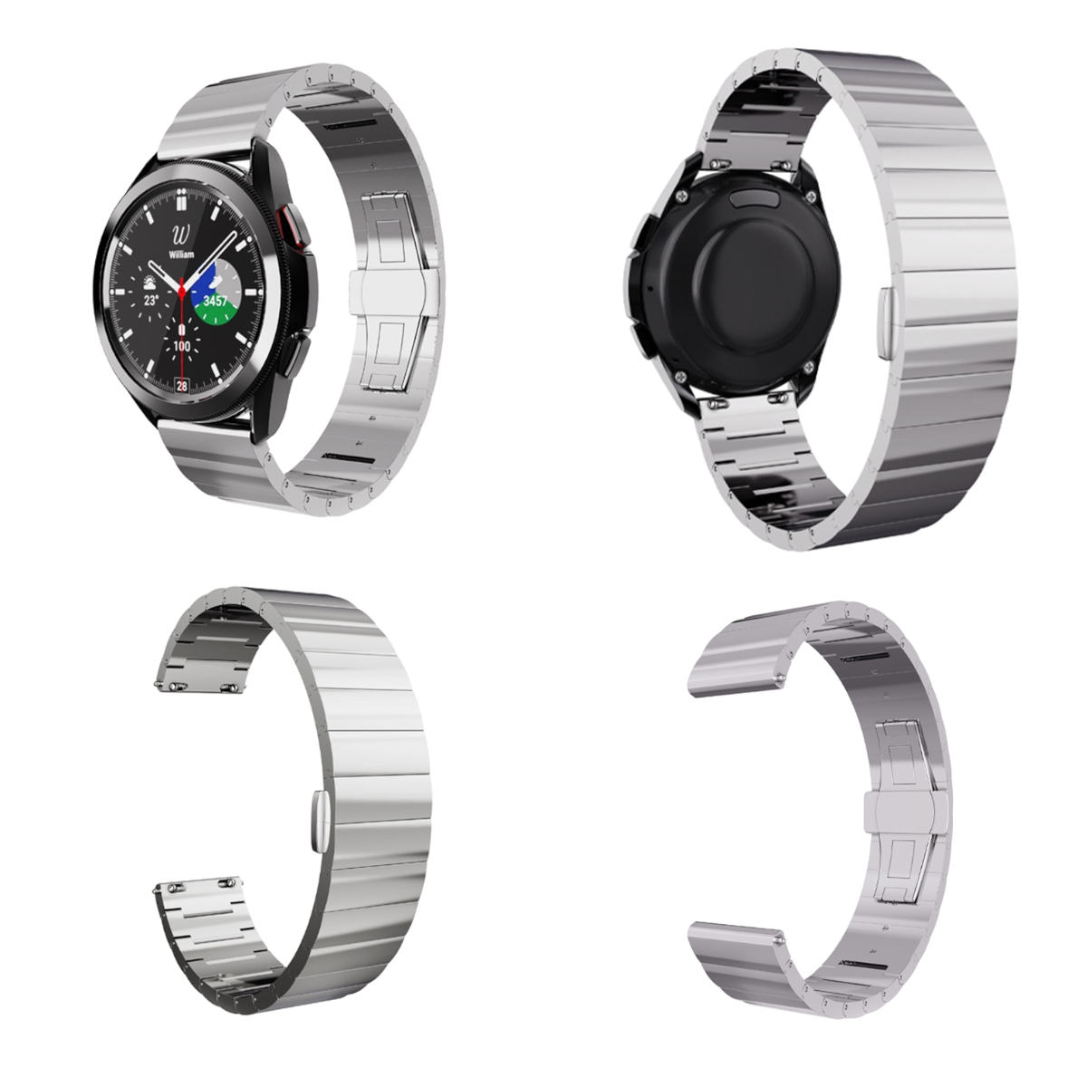 Vier Bilder einer silbernen Uhr und eines Uhrenarmbands. Die Zifferblätter sind schwarz, eines zeigt die Zeit. Weißer Hintergrund.