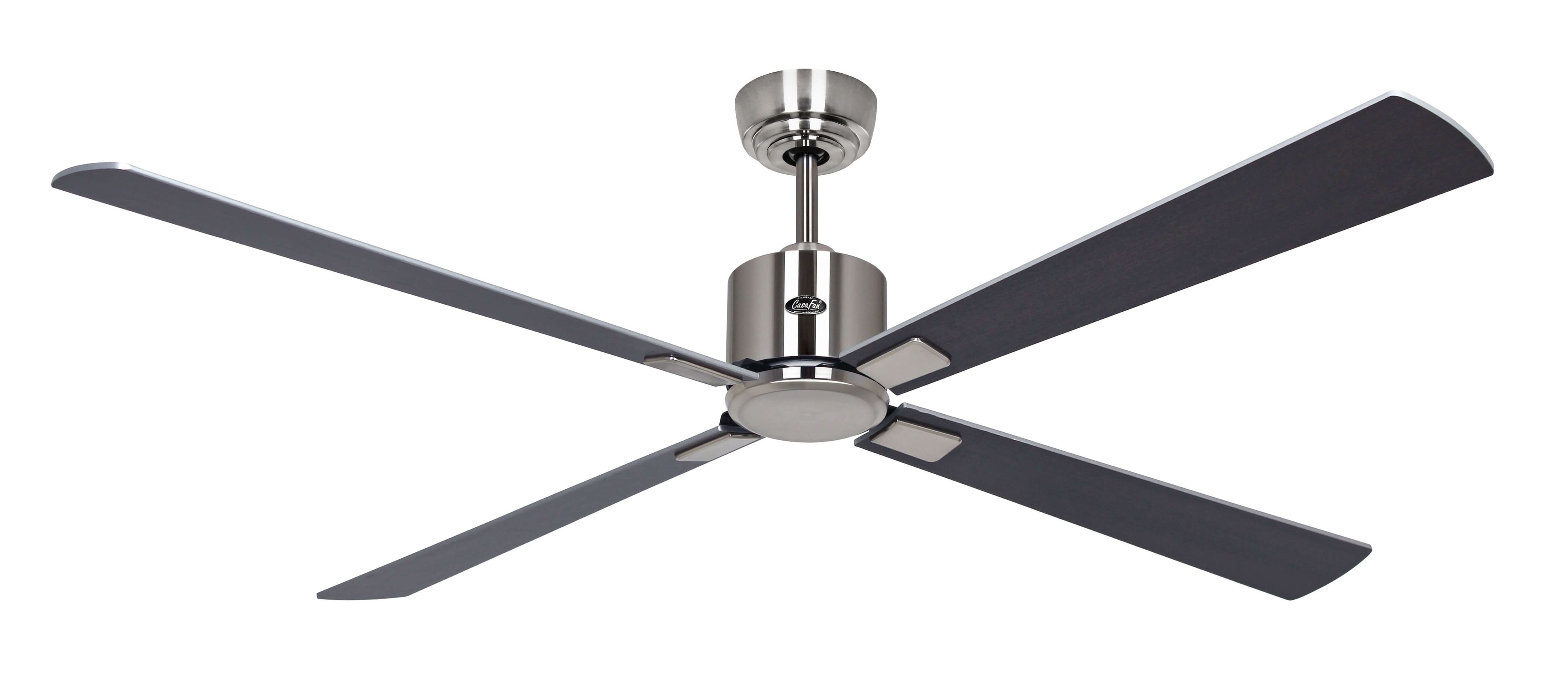 Deckenventilator mit vier grauen Flügeln. Der Ventilator ist silberfarben mit einem silbernen Motorgehäuse.