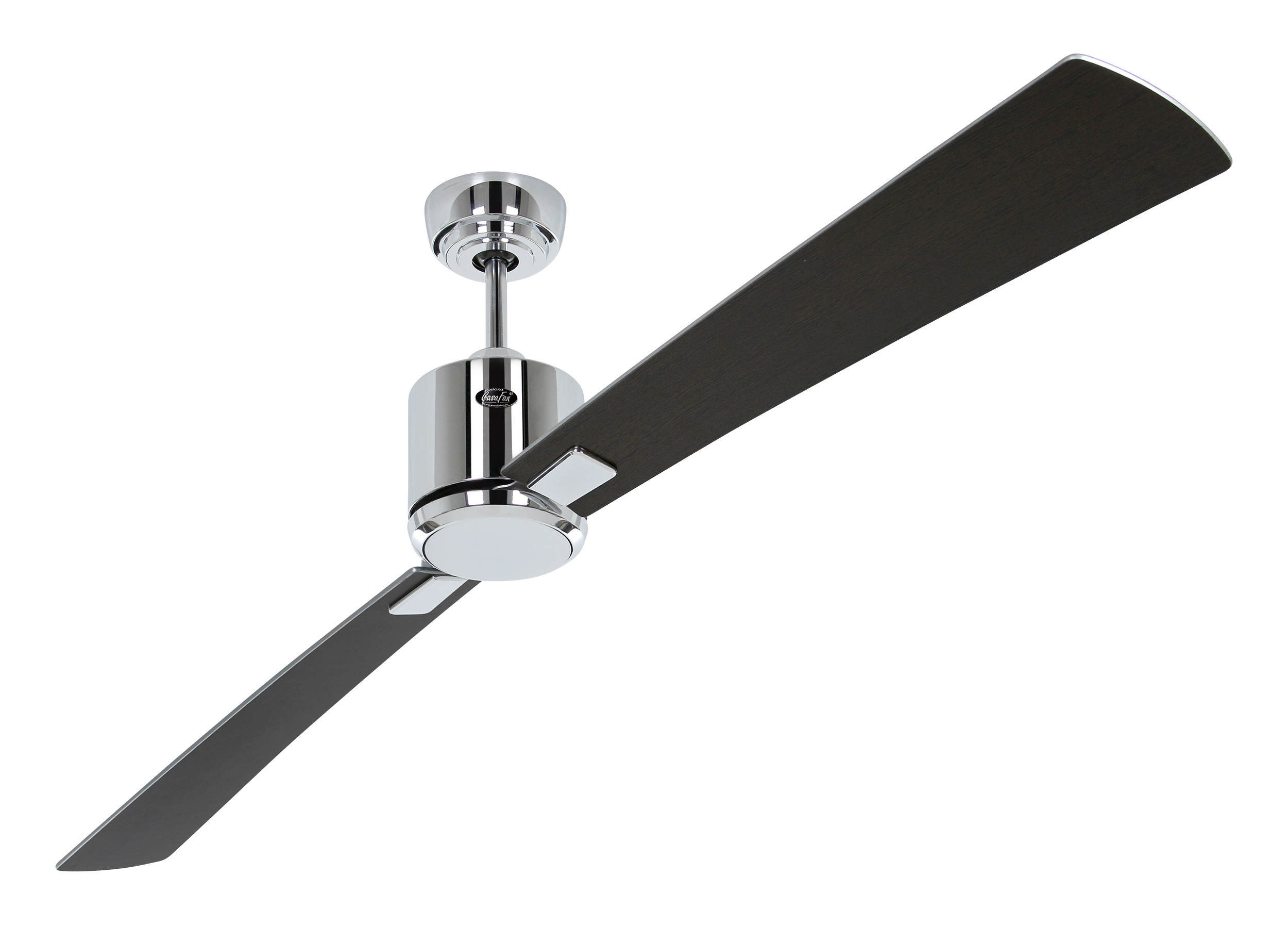 Ein Deckenventilator mit zwei dunkelgrauen Flügeln und einem glänzenden, metallischen Motorgehäuse.
