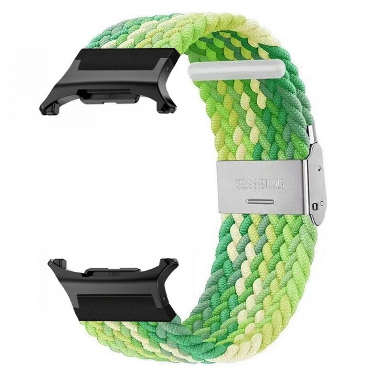 Ein Uhrenarmband mit geflochtenem grün-weißem Design, Edelstahlschnalle und schwarzen Anschlüssen.