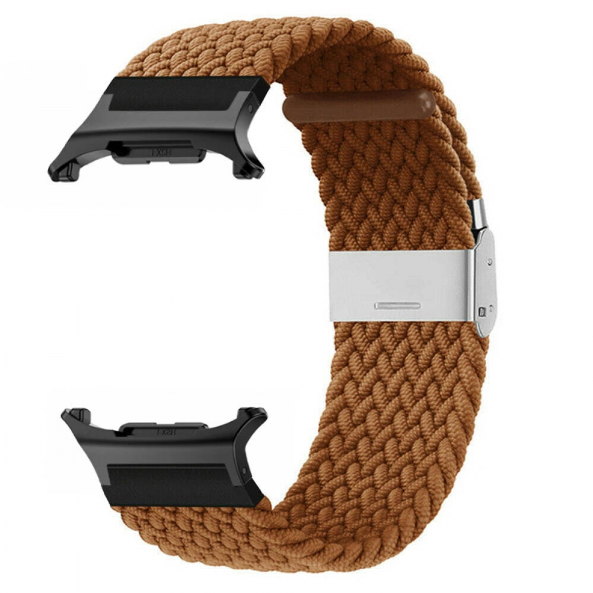 Ein braunes geflochtenes Uhrenarmband mit schwarzen Anschlüssen und silberner Schließe.