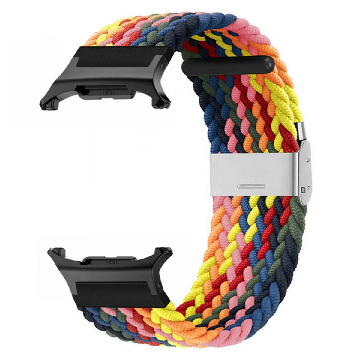 Geflochtenes Uhrenarmband in mehreren Farben, verbunden mit schwarzen Metallschnallen.