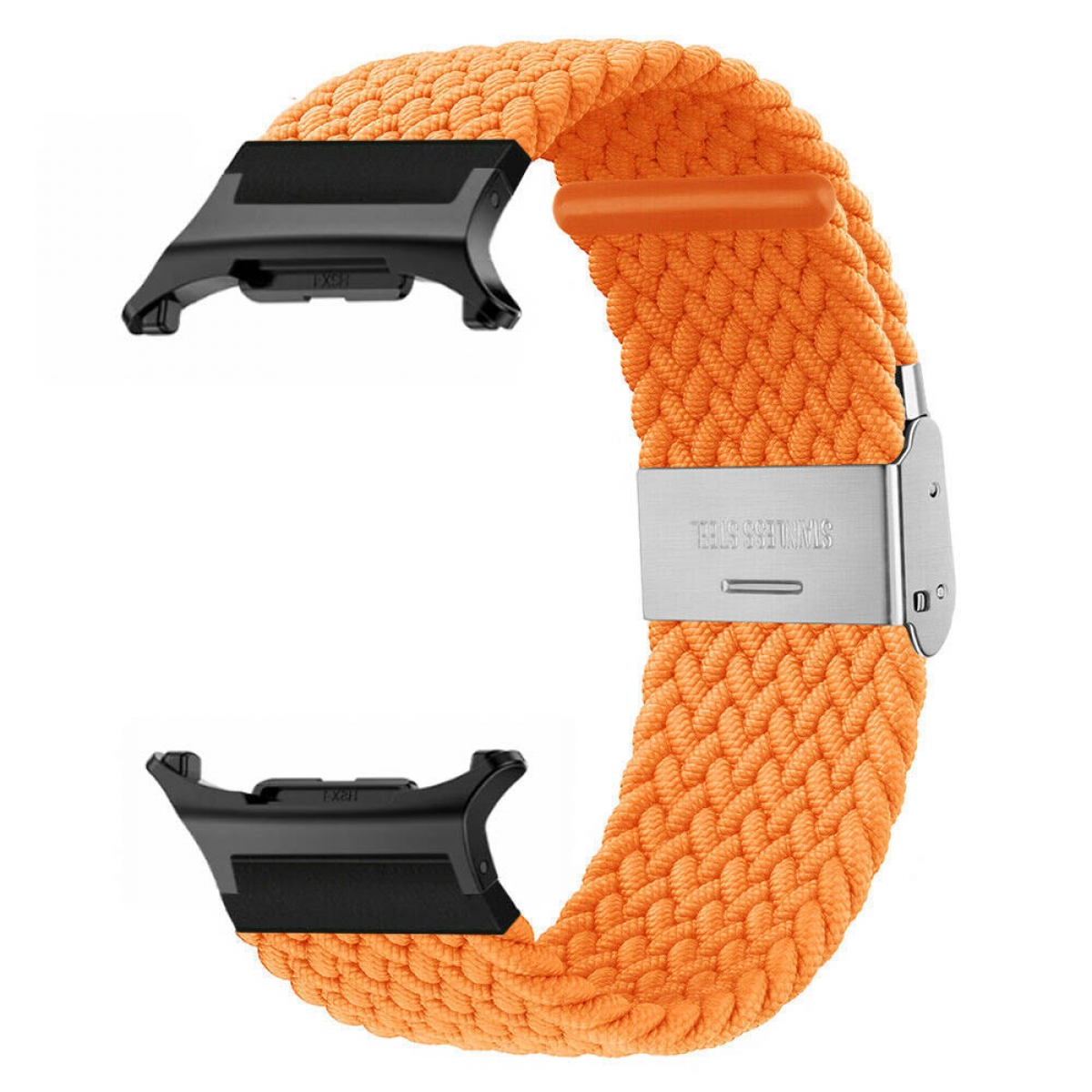 Orangenes Uhrenarmband mit schwarzen Edelstahlverbindern. Geflochtene Textur. Weißer Hintergrund.