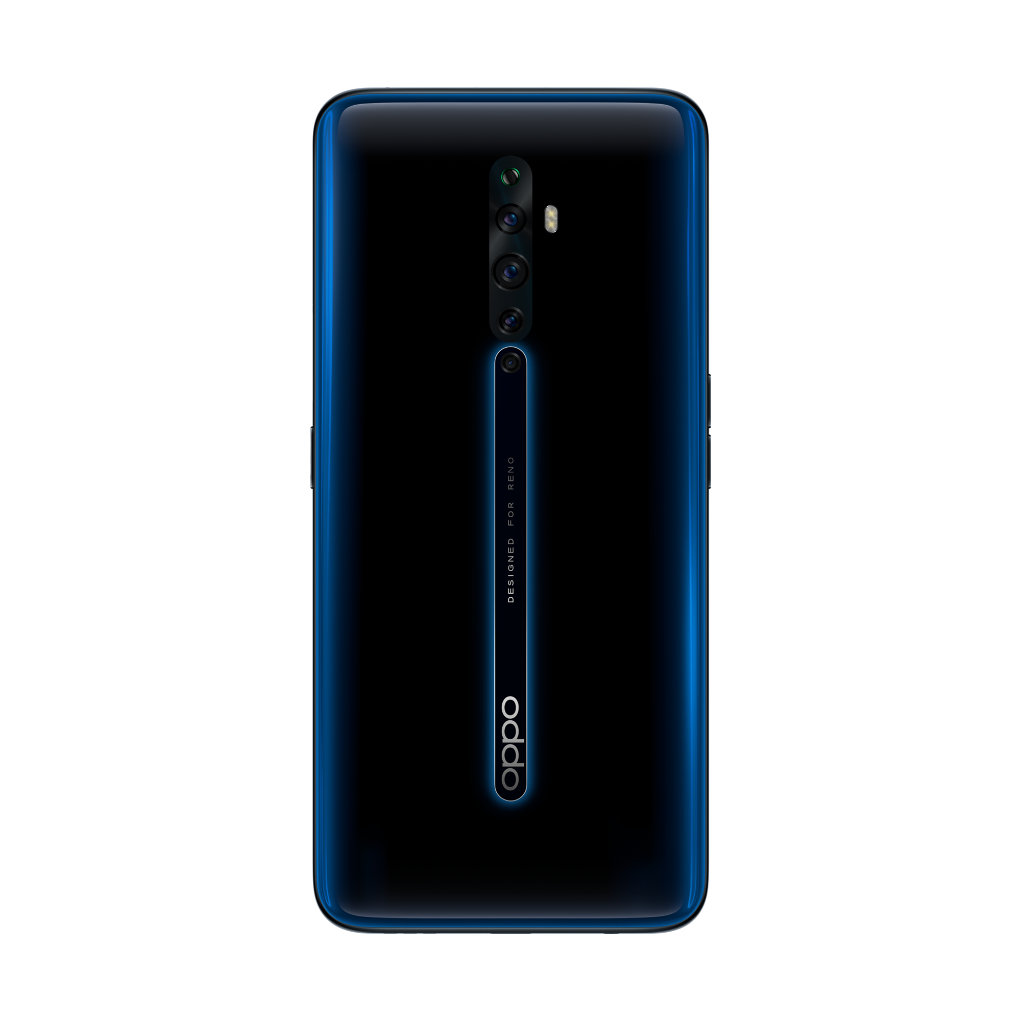 Czarny tył smartfona, niebieskie akcenty. Logo Oppo, konfiguracja z trzema aparatami. Białe tło.