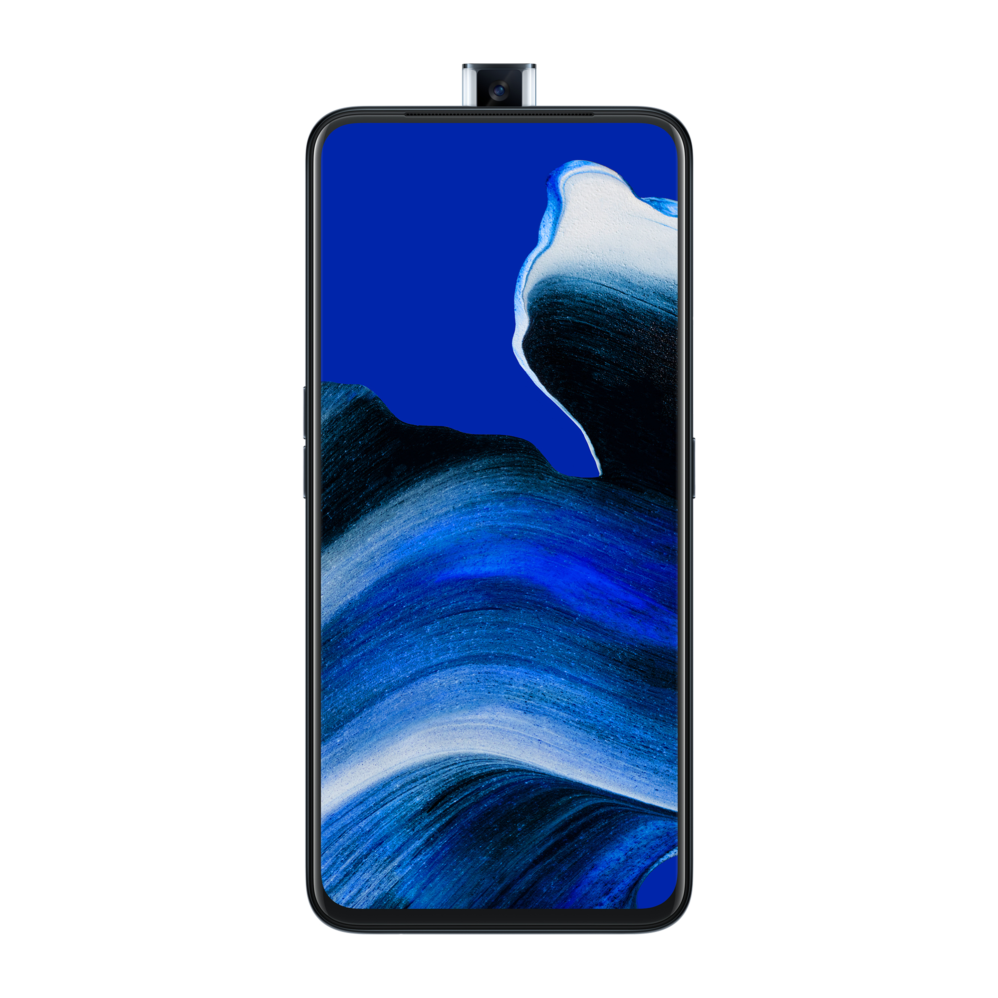 Czarny smartfon z niebiesko-białym ekranem, przednim aparatem u góry. Białe tło.