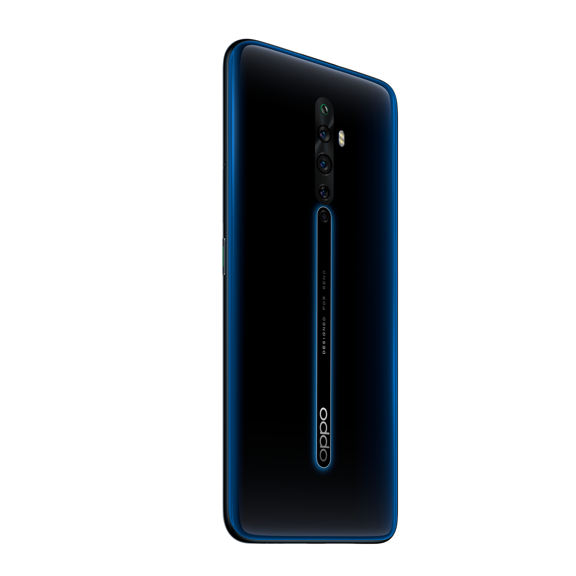 Niebieski i czarny smartfon, widok z tyłu, trzy kamery i słowo OPPO. Białe tło.