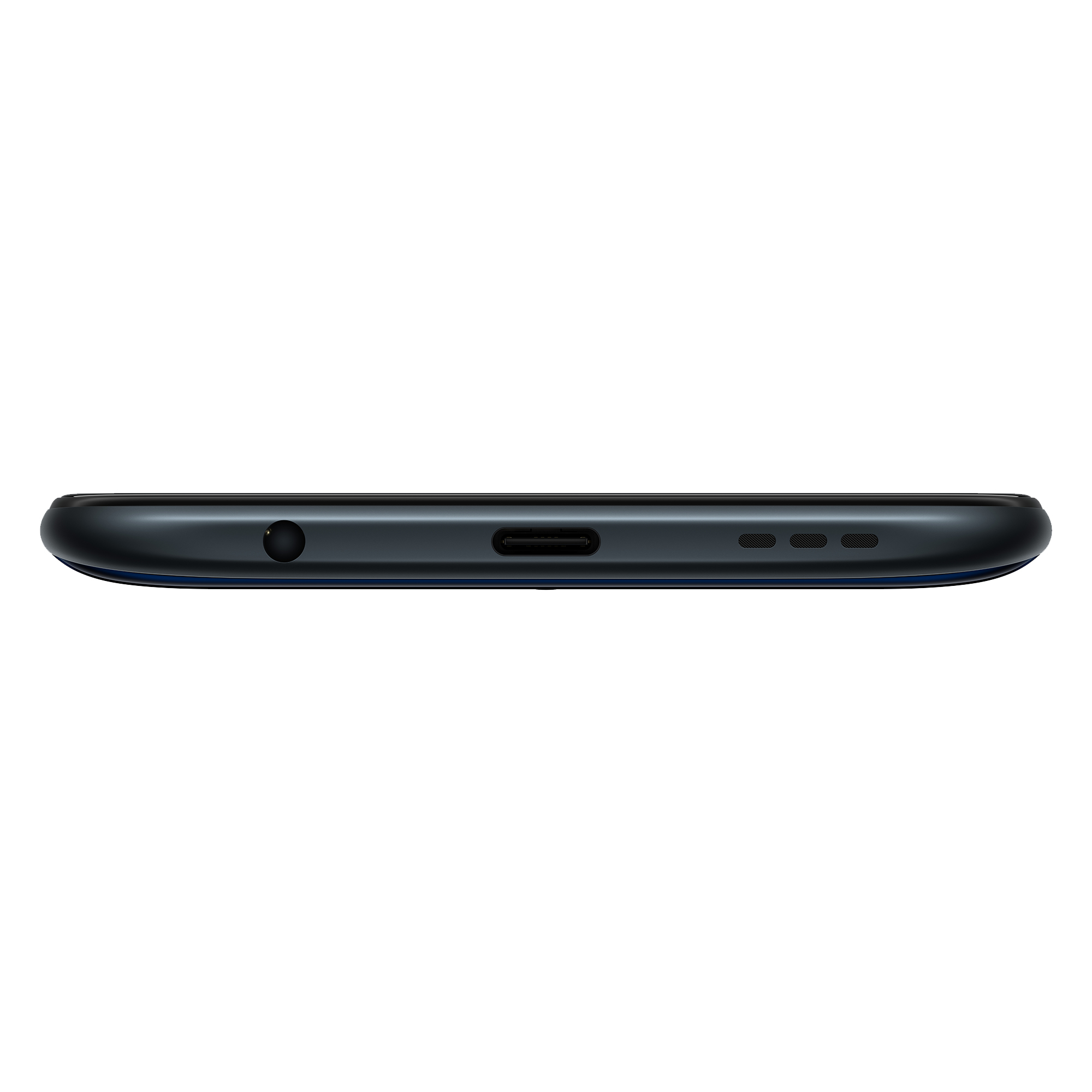 Widok od dołu czarnego smartfona. Telefon ma gniazdo słuchawkowe, port USB-C i dwa otwory.