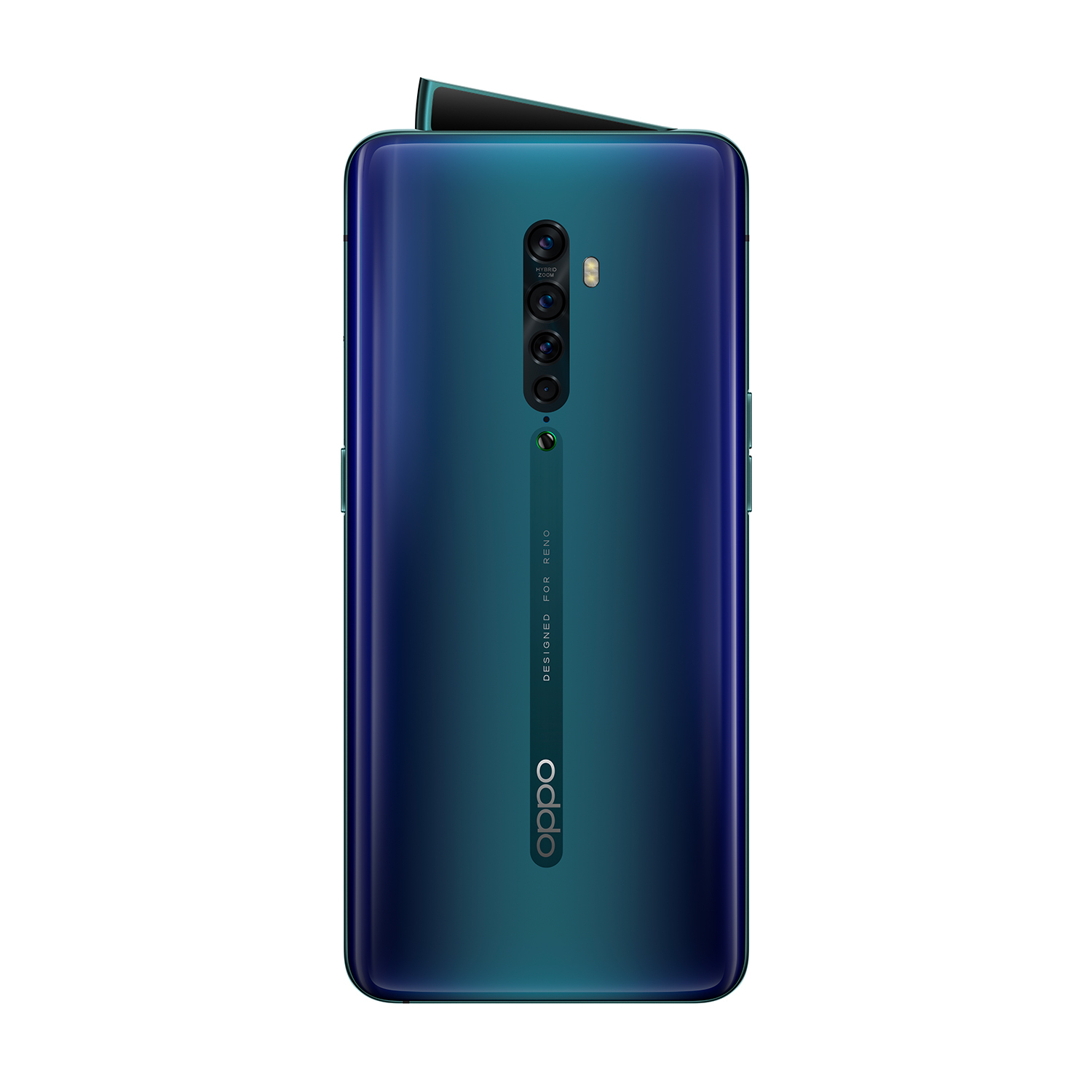 Tył niebiesko-zielonego telefonu Oppo z wieloma aparatami i napisem "OPPO".