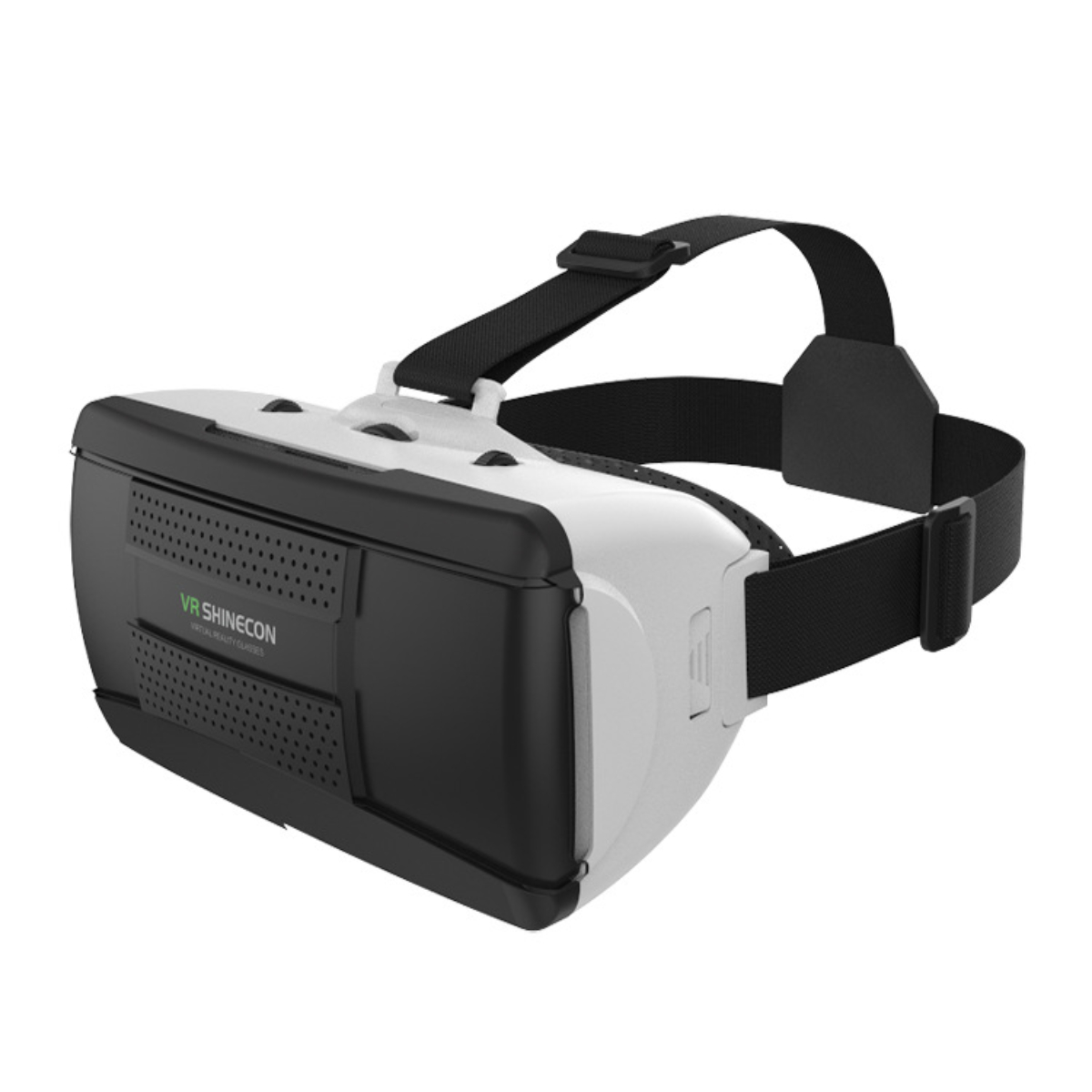 VR-Headset, schwarz und weiß, mit verstellbaren Riemen. Ein VR Shinecon-Produkt.