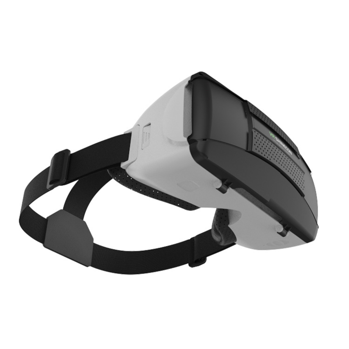 VR-Headset, weiß und schwarz. Die Riemen sind schwarz. Das Gerät ist abgewinkelt und zeigt die Linsen.
