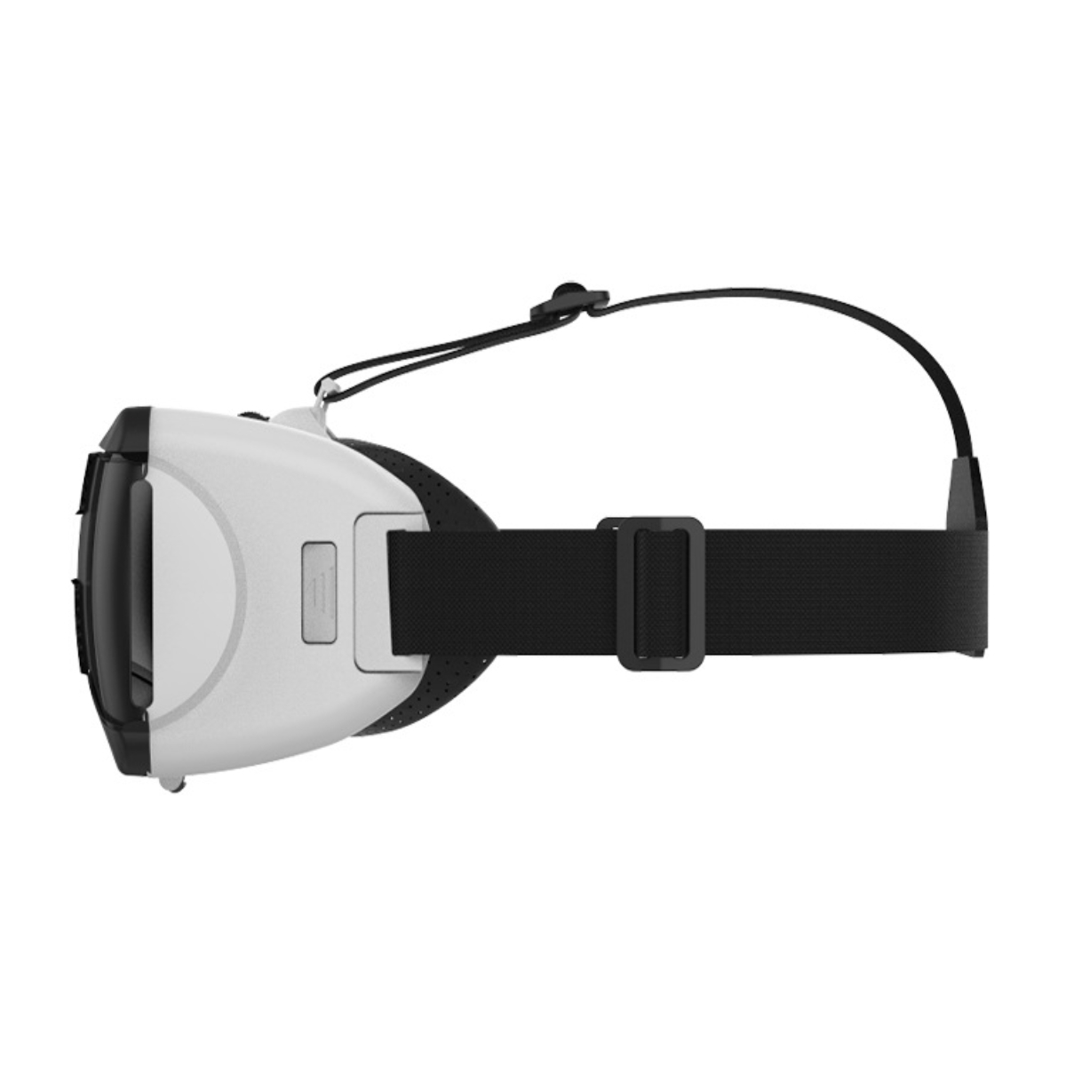 Weiße VR-Brille mit schwarzen Riemen, Seitenansicht.