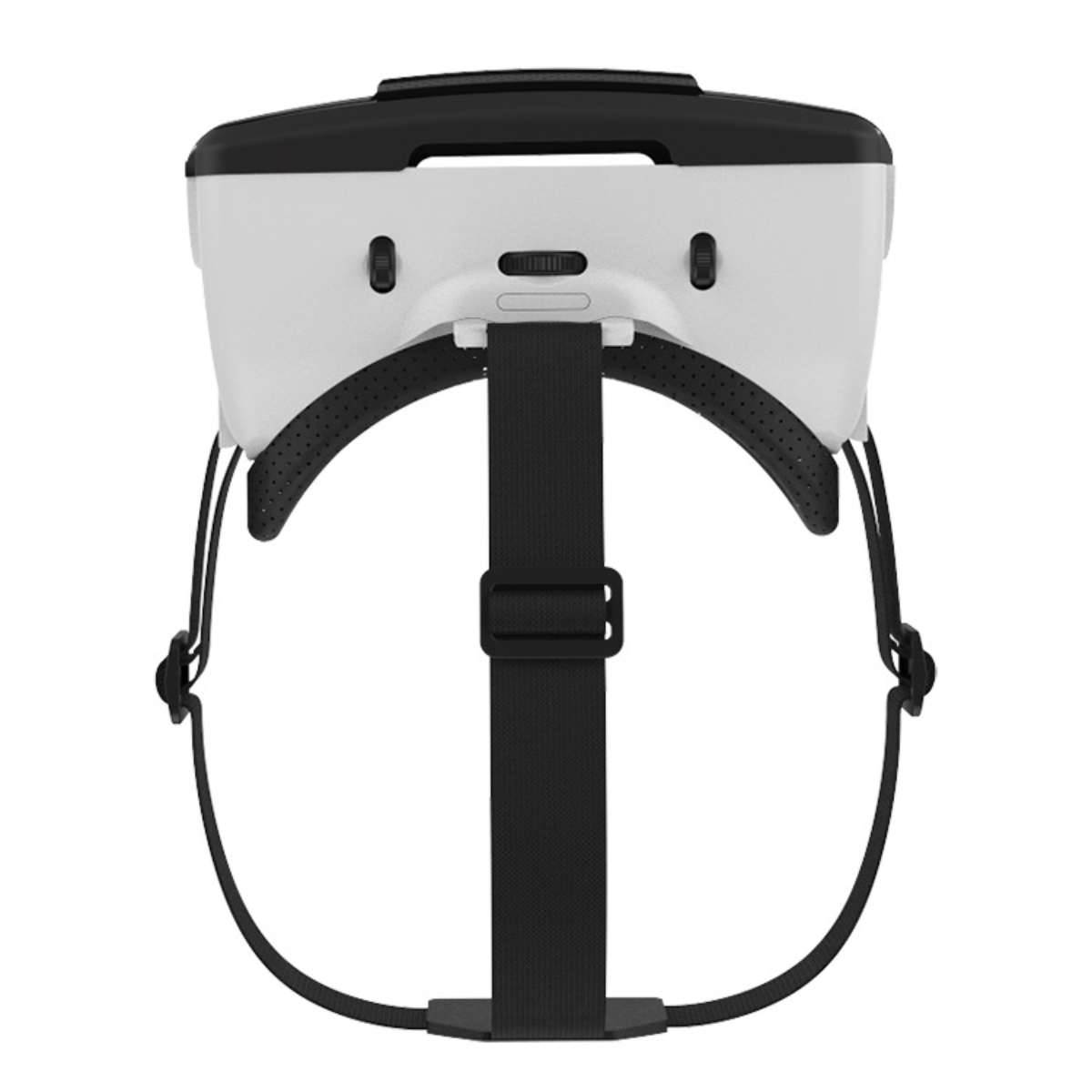 Ein weißes und schwarzes VR-Headset. Es hat einen Riemen und Einstellknöpfe.