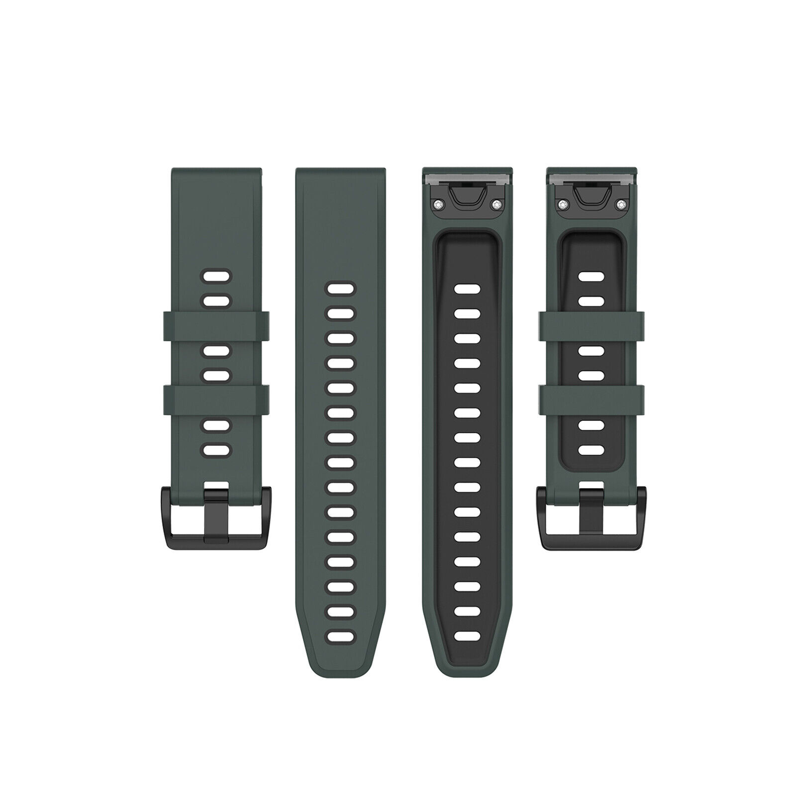 Uhrenarmbänder. 2 dunkelgrüne und 2 schwarze Armbänder mit Schnallen. Weißer Hintergrund.