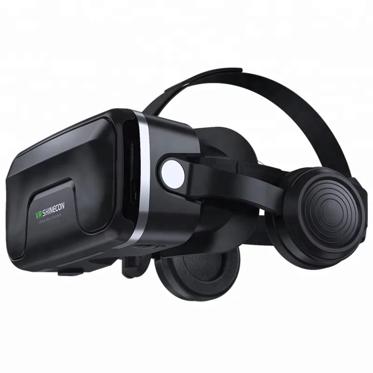 Ein schwarzes VR Shinecon Virtual-Reality-Headset mit verstellbaren Kopfriemen und Kopfhöreraufsätzen auf weißem Hintergrund.