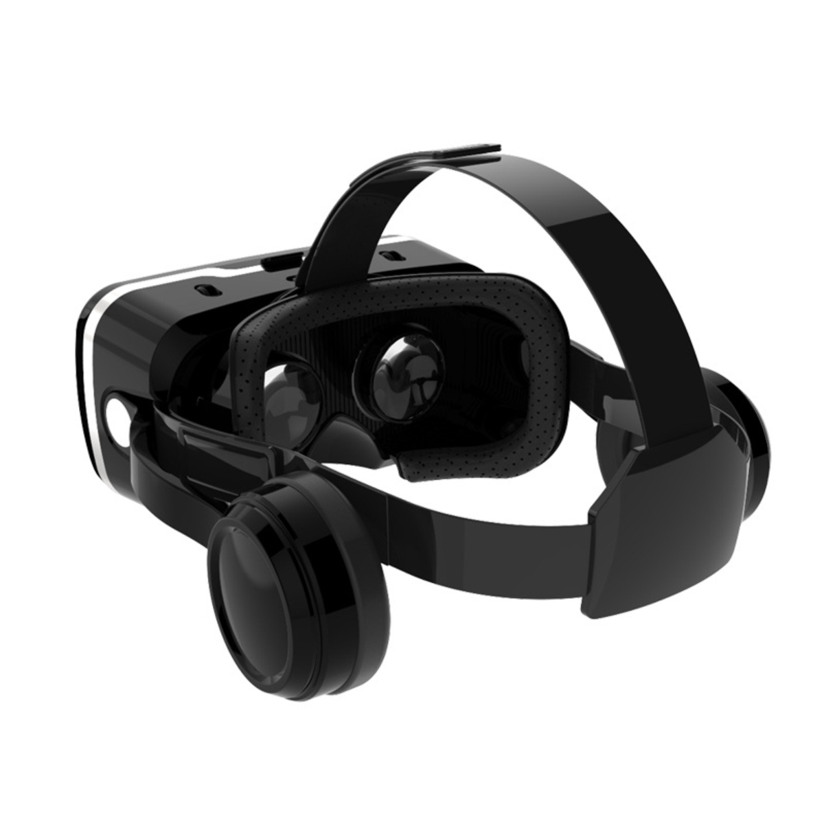Schwarz-weißes VR-Headset mit schwarzen Kopfhörern. Das Headset ist auf weißem Grund.
