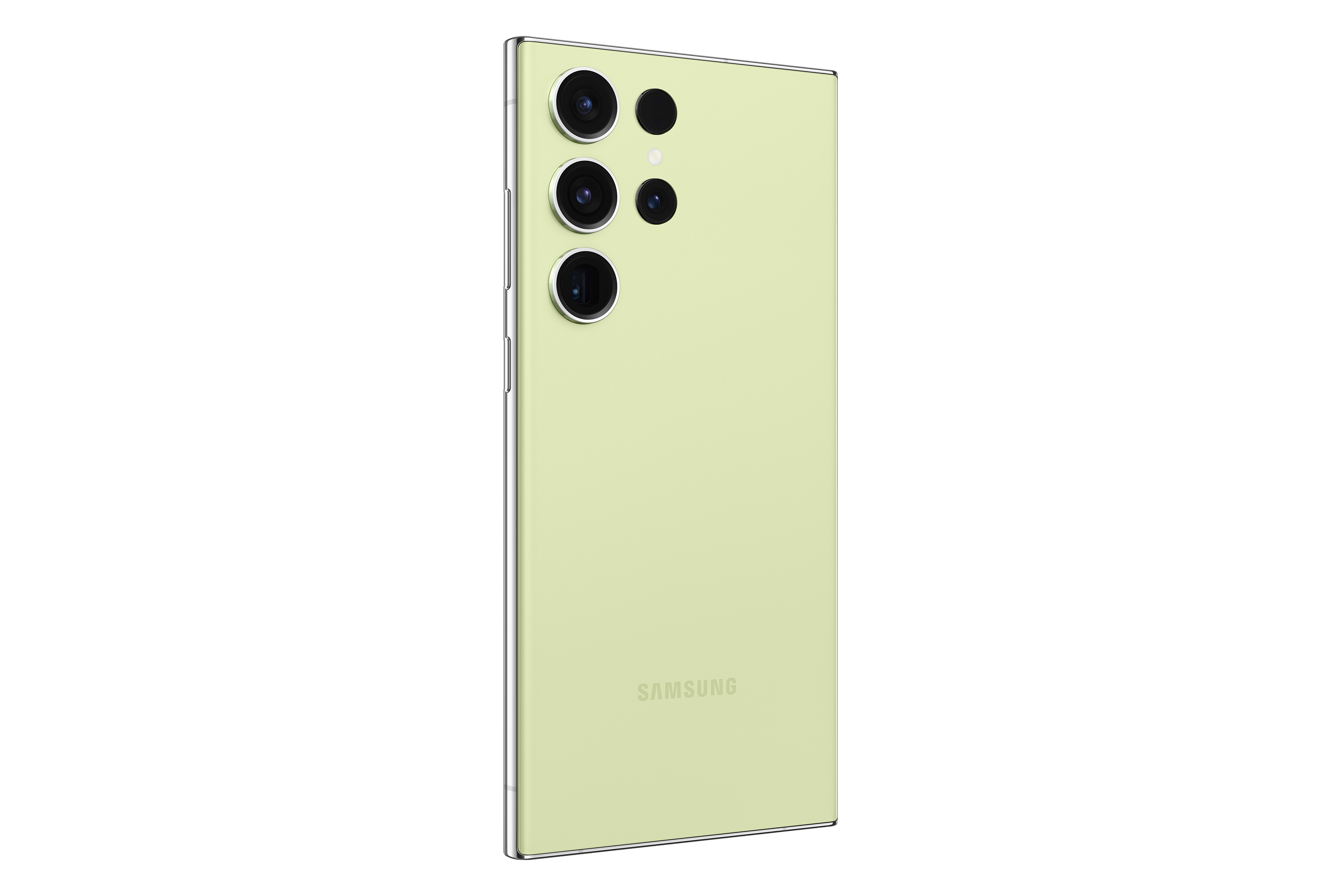 Telefono Samsung giallo-verdastro. Ha più fotocamere.