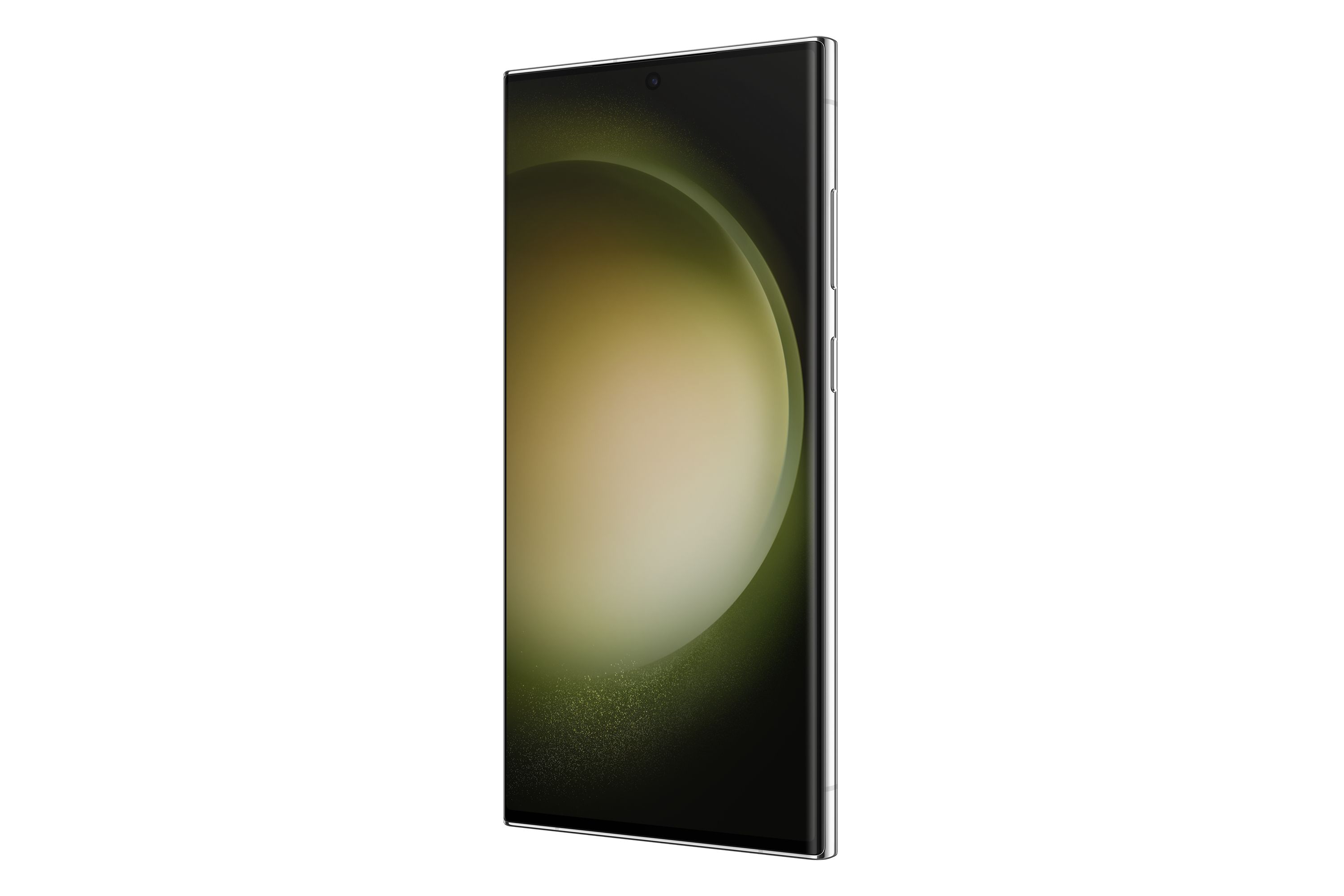 Smukły, czarny smartfon z widokiem z boku na białym tle.