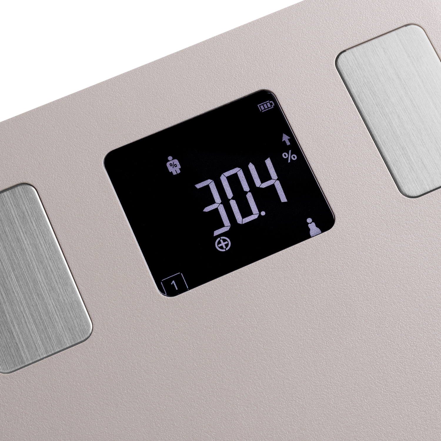 Digitale Waage zeigt 30,4%, mit zwei Metallplatten auf hellgrauer Oberfläche.