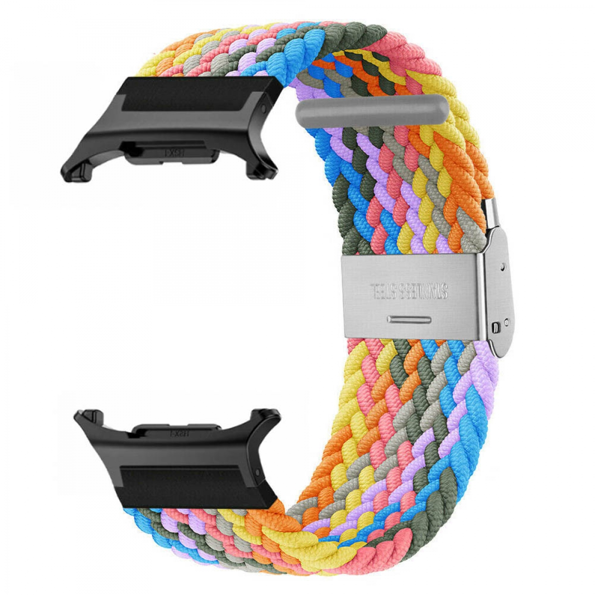Buntes geflochtenes Uhrenarmband mit Edelstahlverschluss.