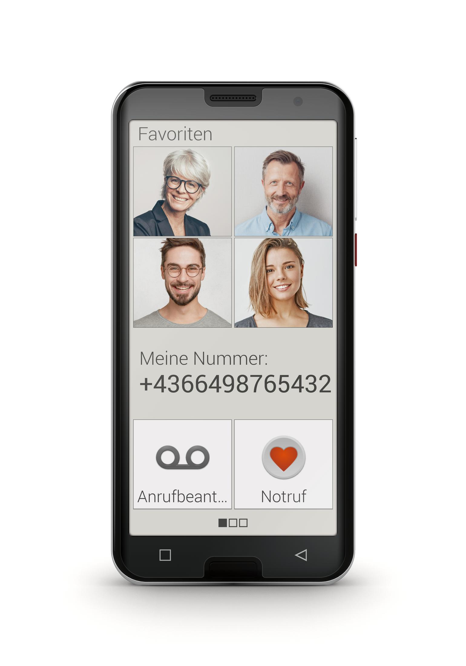 Smartphone mit Kontaktliste, Anruf- und Notruf-Taste.