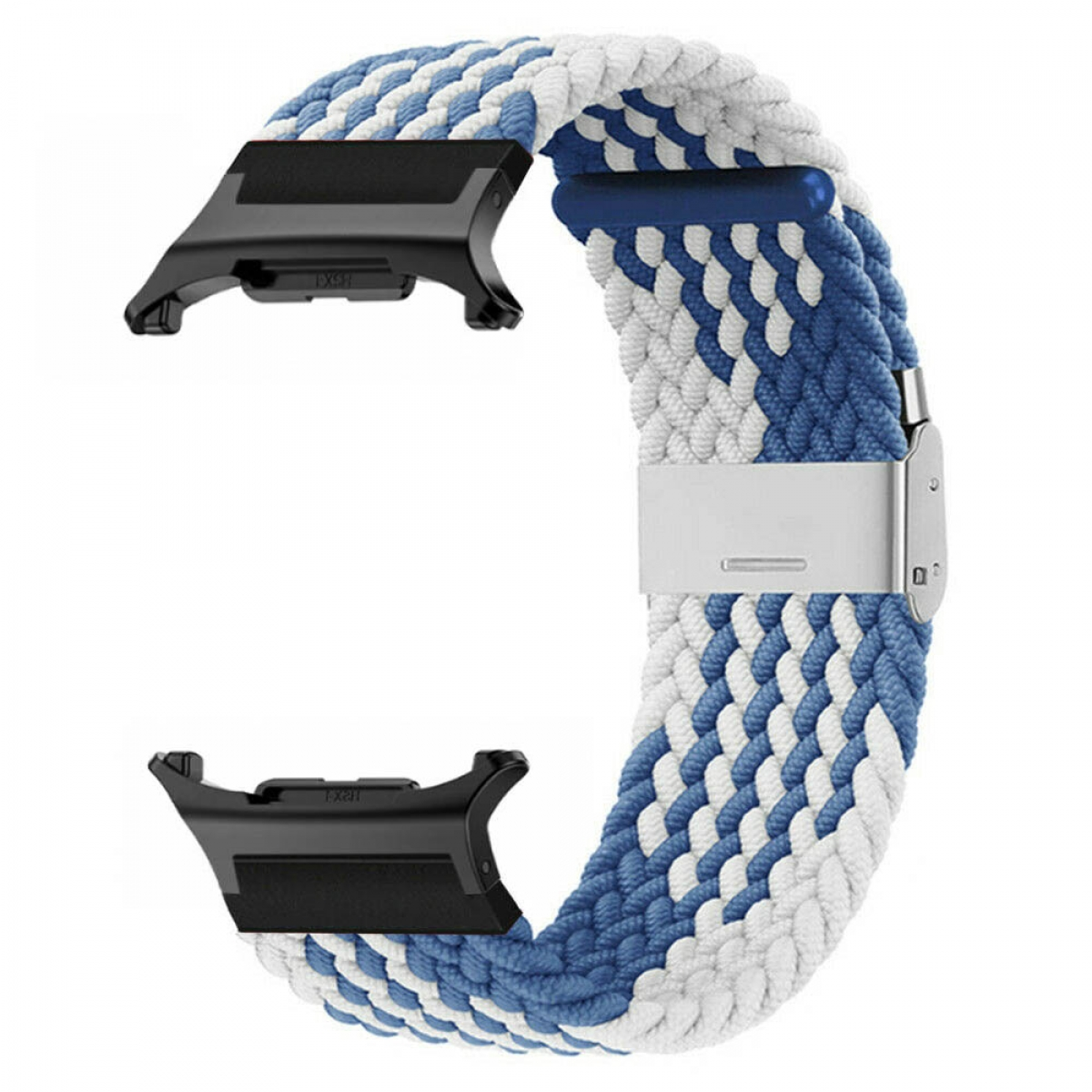 Geflochtenes blau-weißes Uhrenarmband mit schwarzen Steckern und silberner Schnalle. Weißer Hintergrund.