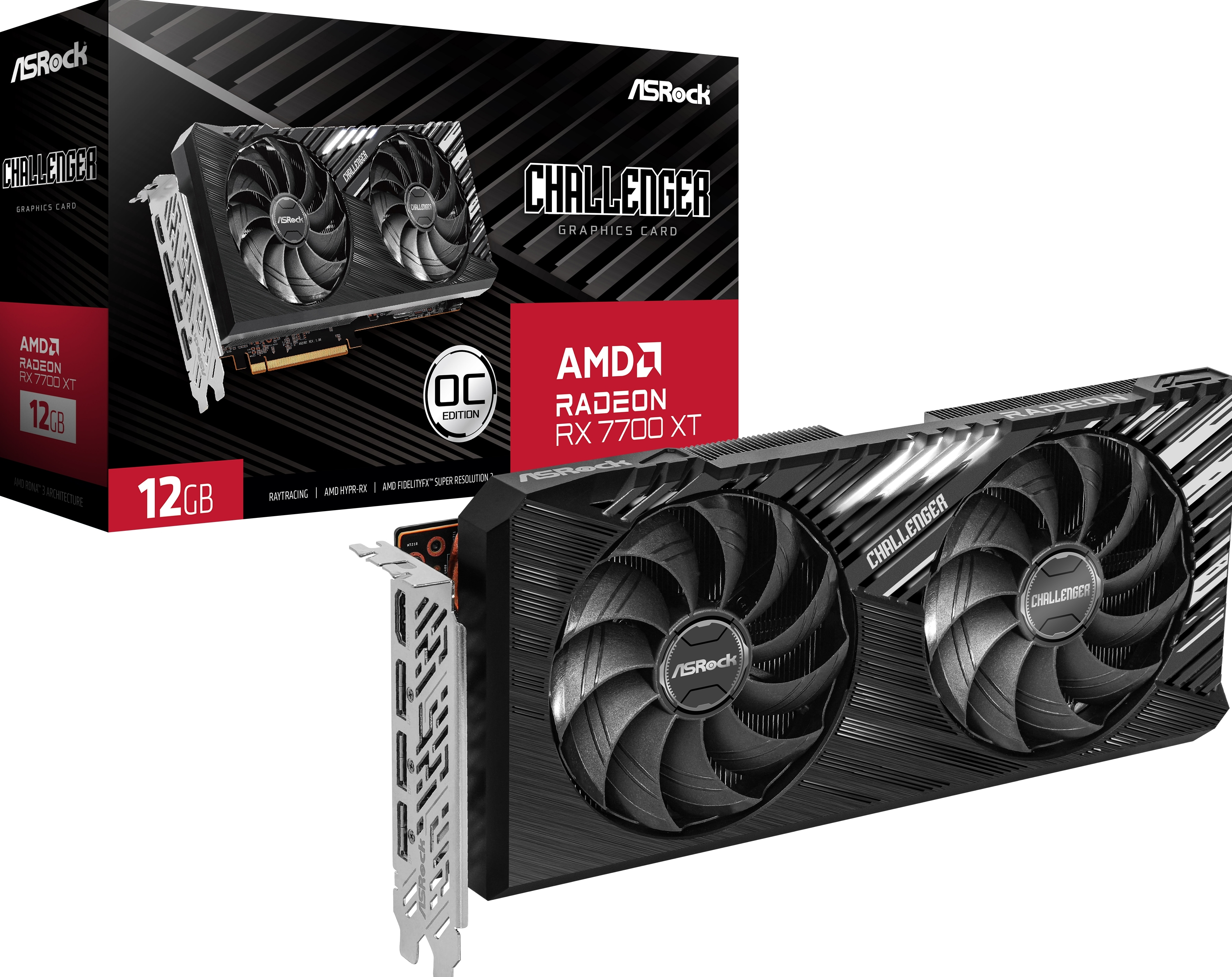 Una tarjeta gráfica con dos ventiladores y una caja que muestra la misma tarjeta. El texto incluye 'ASRock' y 'Radeon'.