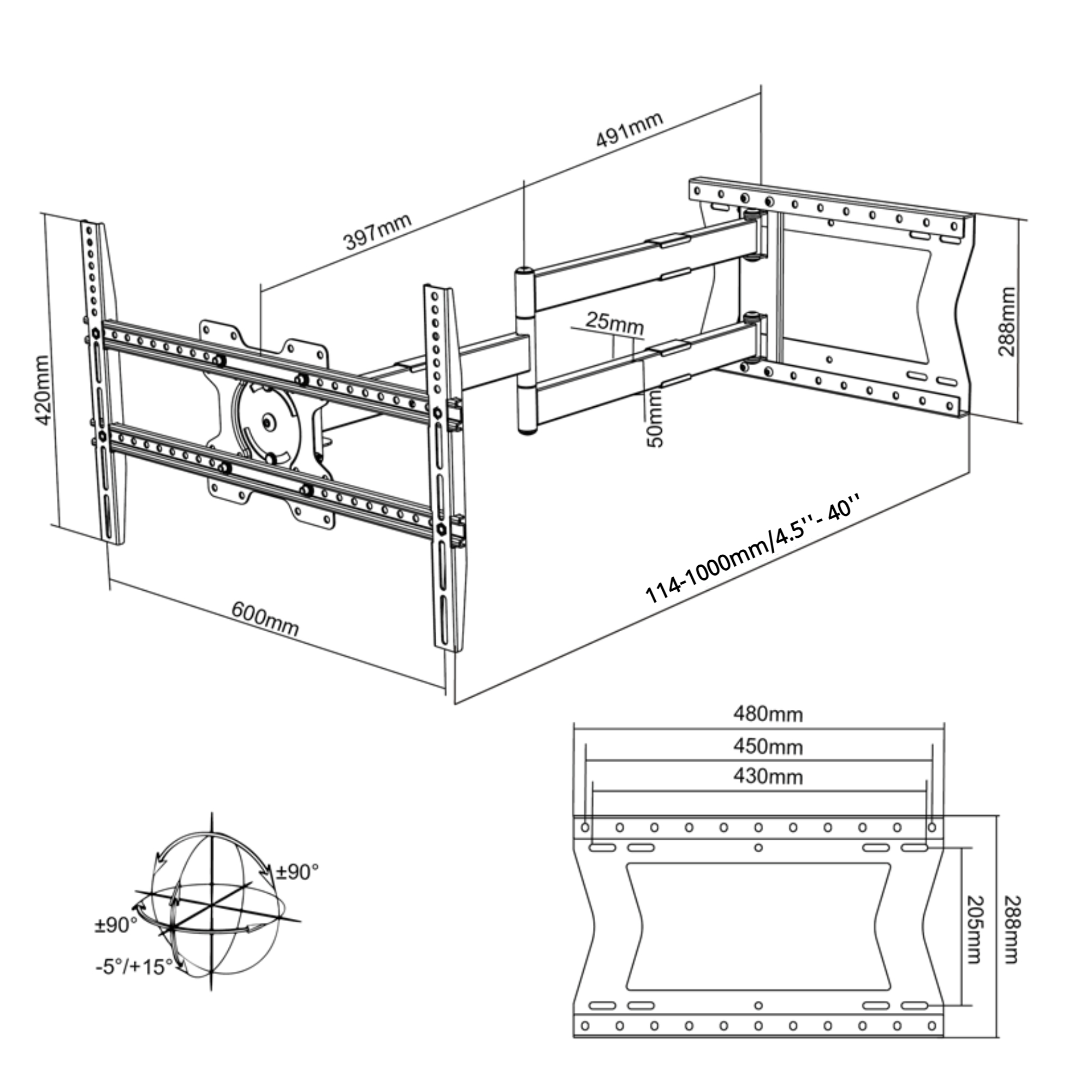Schemat pokazujący uchwyt ścienny do telewizora z wymiarami i kątami.