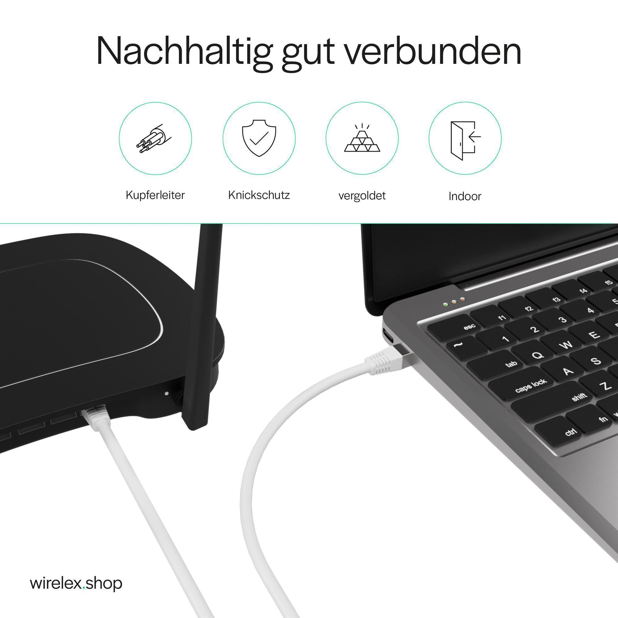Laptop, der über ein weißes Ethernet-Kabel mit einem Router verbunden ist. Vier Symbole oben.