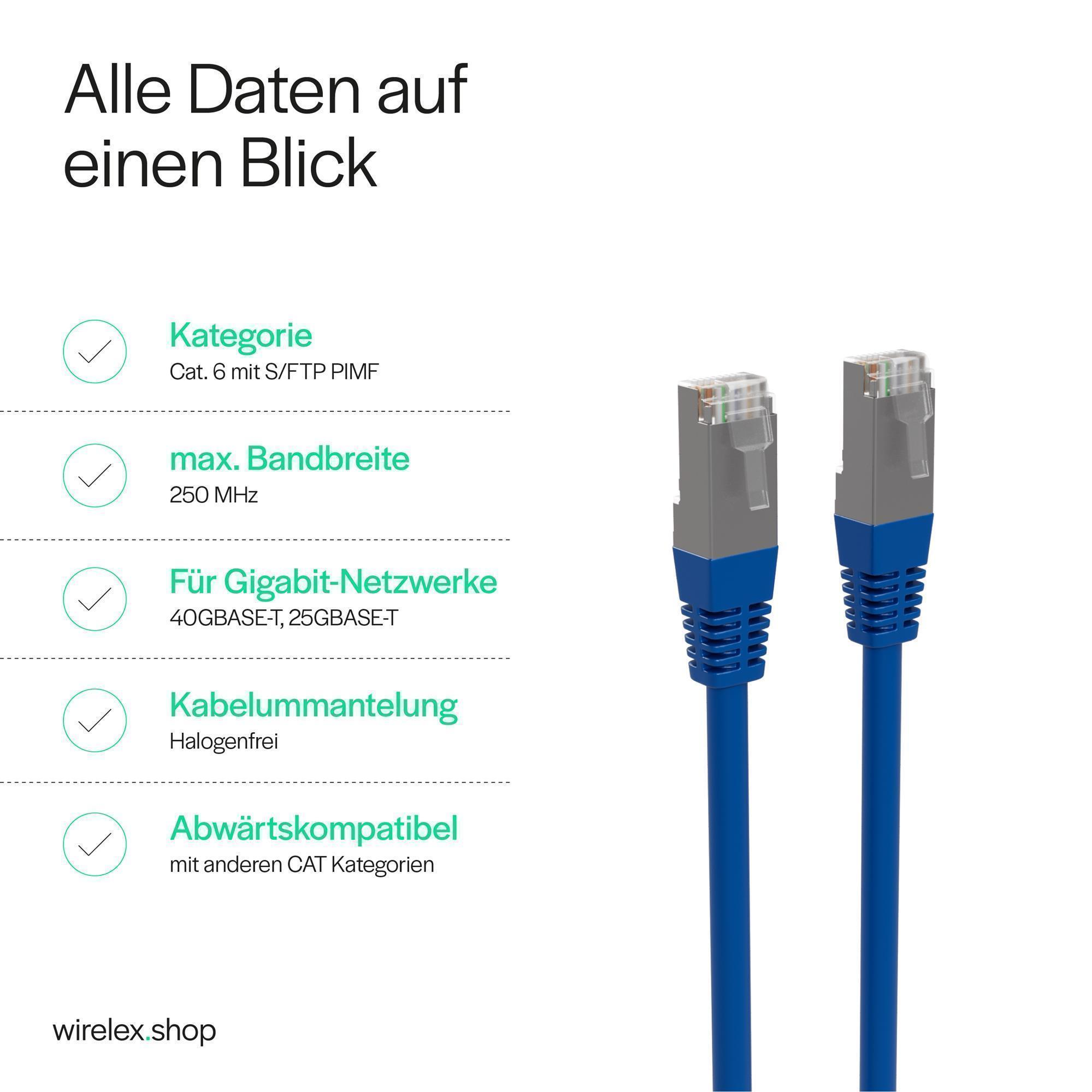 Blaue Netzwerkkabel mit Steckern, weißer Hintergrund, Textbeschriftungen.