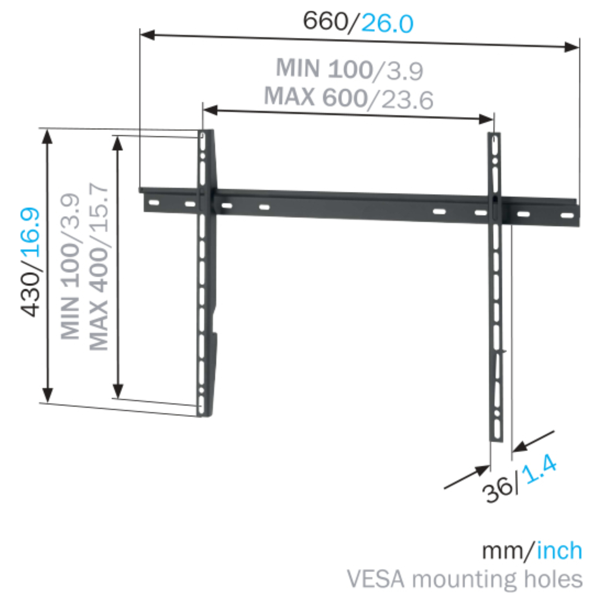 Diagram met de afmetingen van een tv-beugel. Inclusief afmetingen in mm/inch en VESA montagegaten.