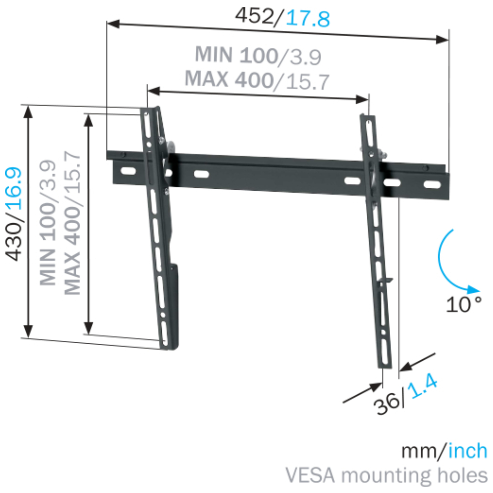 Czarny uchwyt do telewizora z wymiarami w milimetrach i calach. Ma kąt 10 stopni.