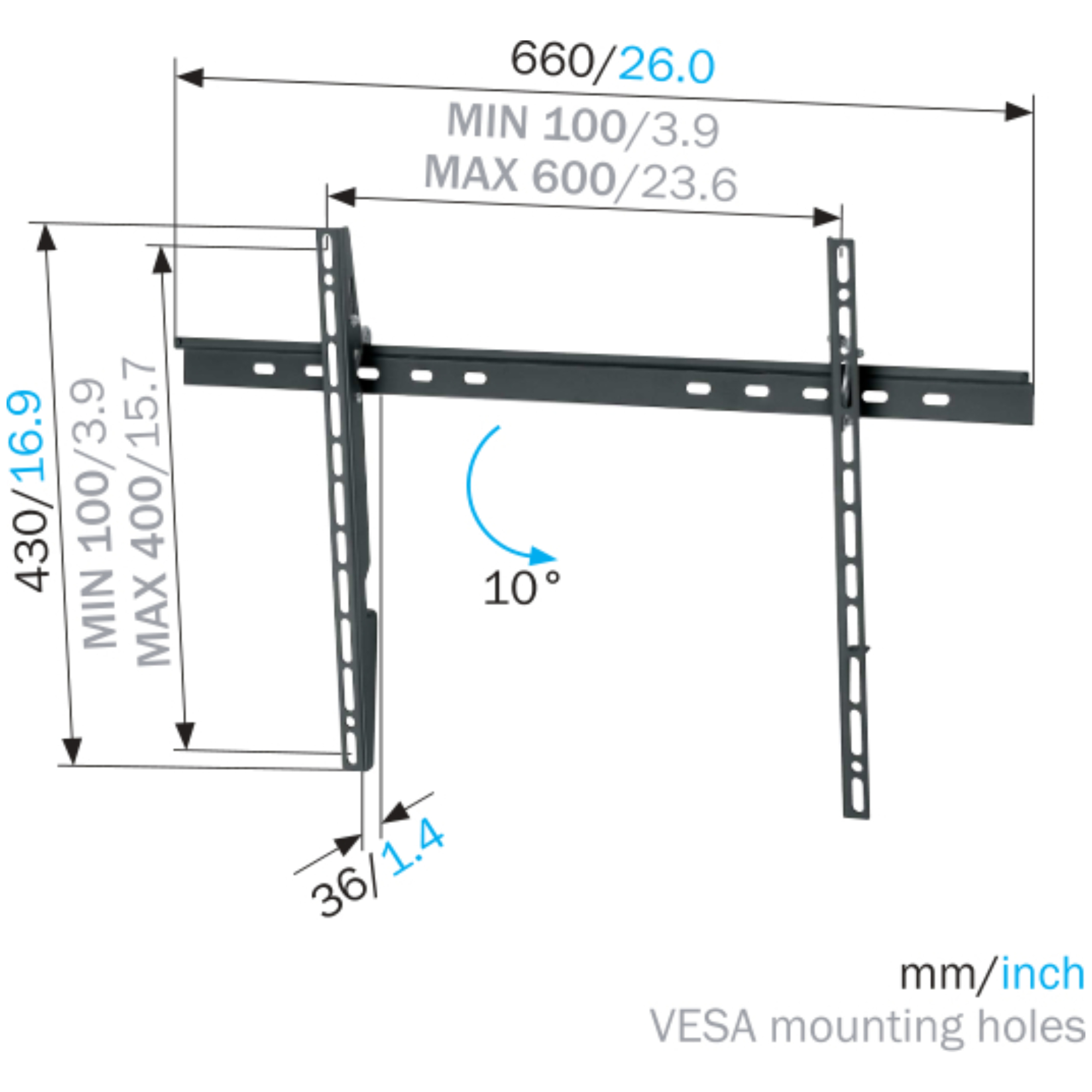 Czarny uchwyt do telewizora z wymiarami i pomiarami w mm/calach oraz strzałką wskazującą kąt 10 stopni.